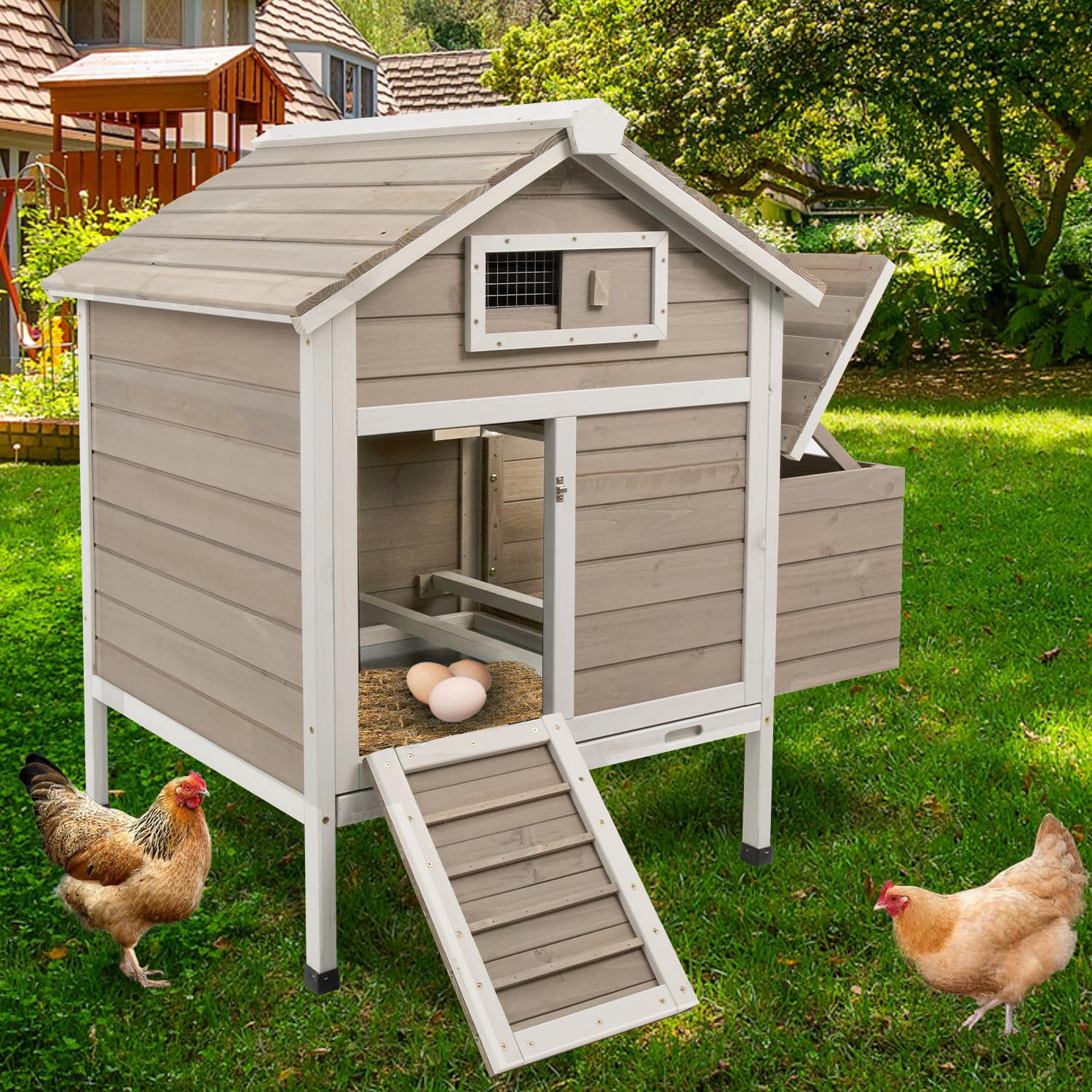 Chicken Coop Chicken House Outdoor with Removable Trays, Wooden Rabbit Hutch Poultry Cage with Nesting Box, Indoor Hen House Chicken Cage with Ramp for Garden Backyard (36.2"L x 26"W x 38.3"H)