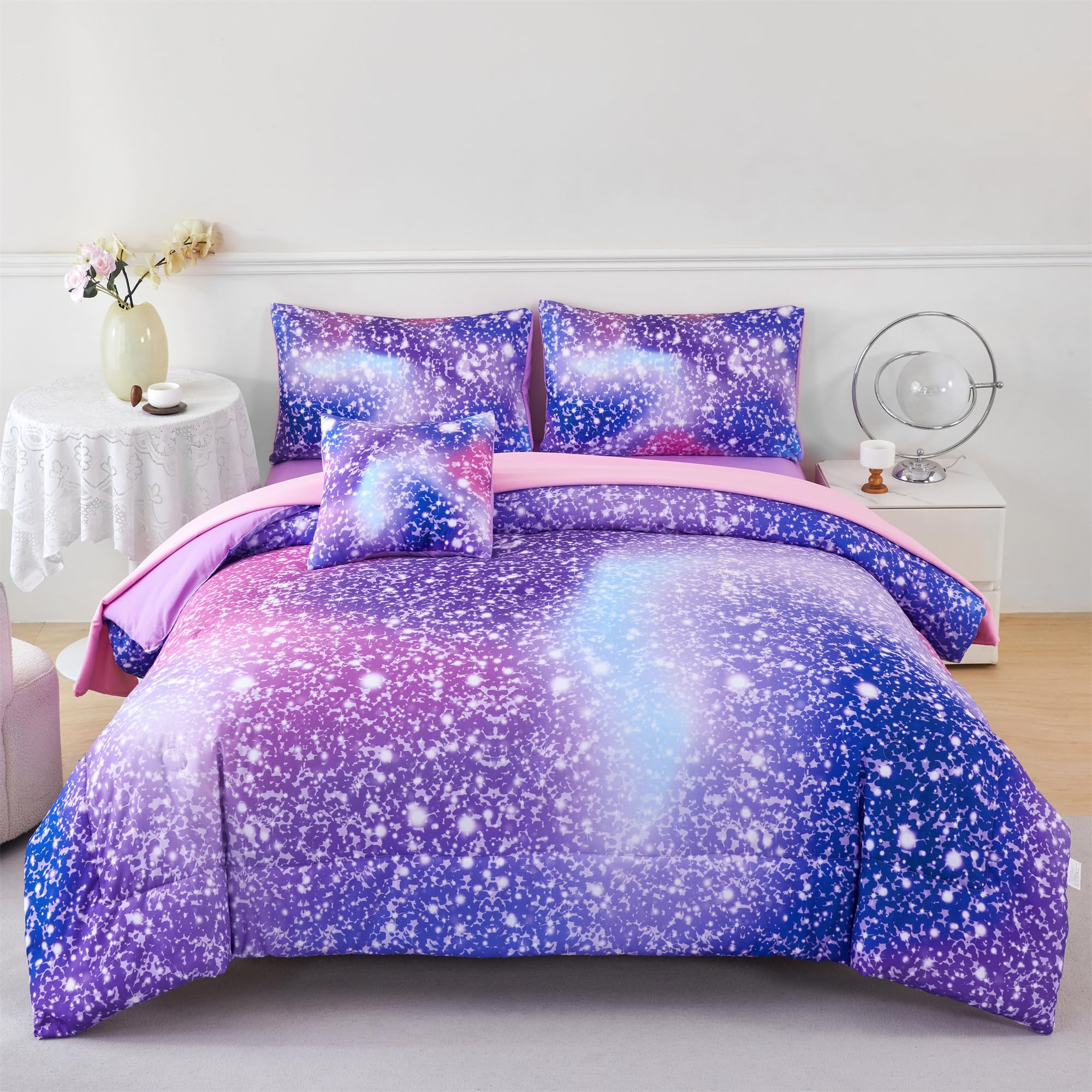 RYNGHIPY 6Pcs Girls Bedding Set Full Size Purple Rainbow Comforter Set for Kids Teens Girls Glitter Bed in a Bag Lightweight Fluffy