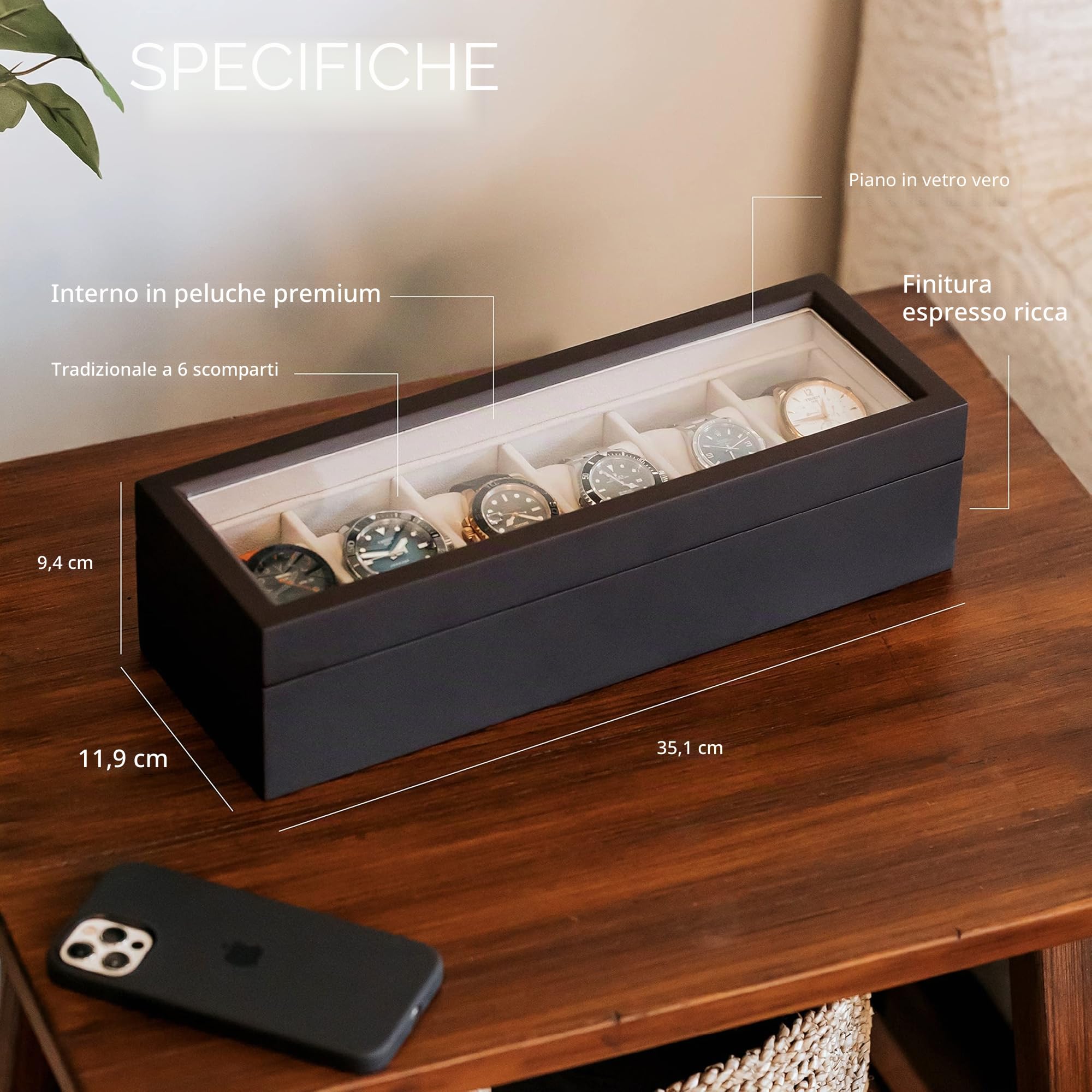 CASE ELEGANCE Custodia per Orologi in Legno con Coperchio in Vetro 6 posti | Custodia per orologio, in legno massello, chiusura magnetica, supporti per cuscino