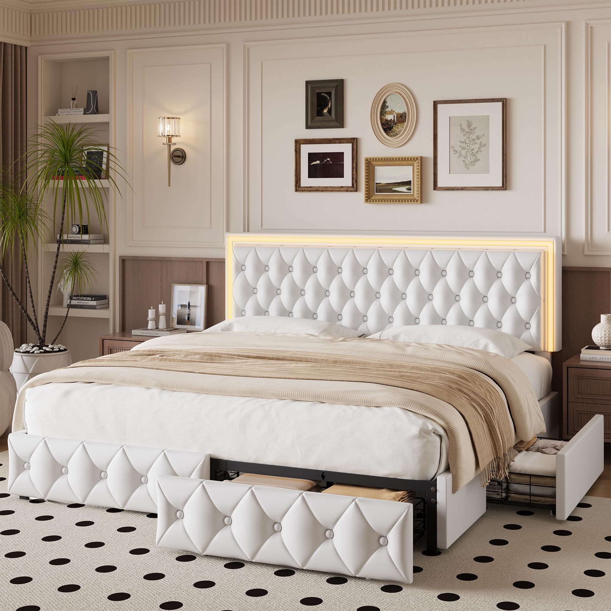 Keyluv Queen Size LED Bed Frame with Storage Drawers in White
