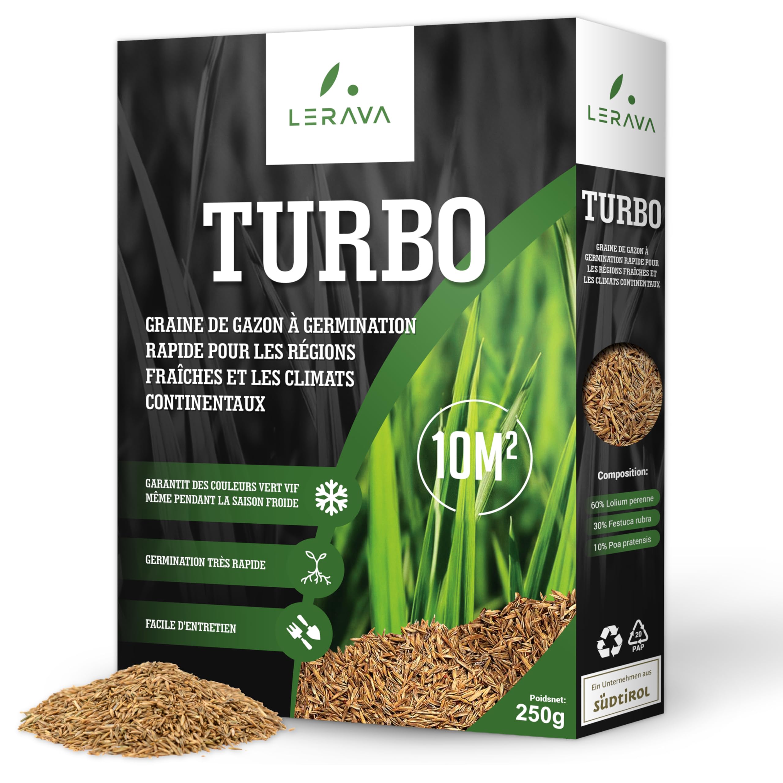LERAVA Turbo gazon à semer pousse rapide 10m² pelouse ombre zones fraîches 98% pureté rustique vert vif semence résistante