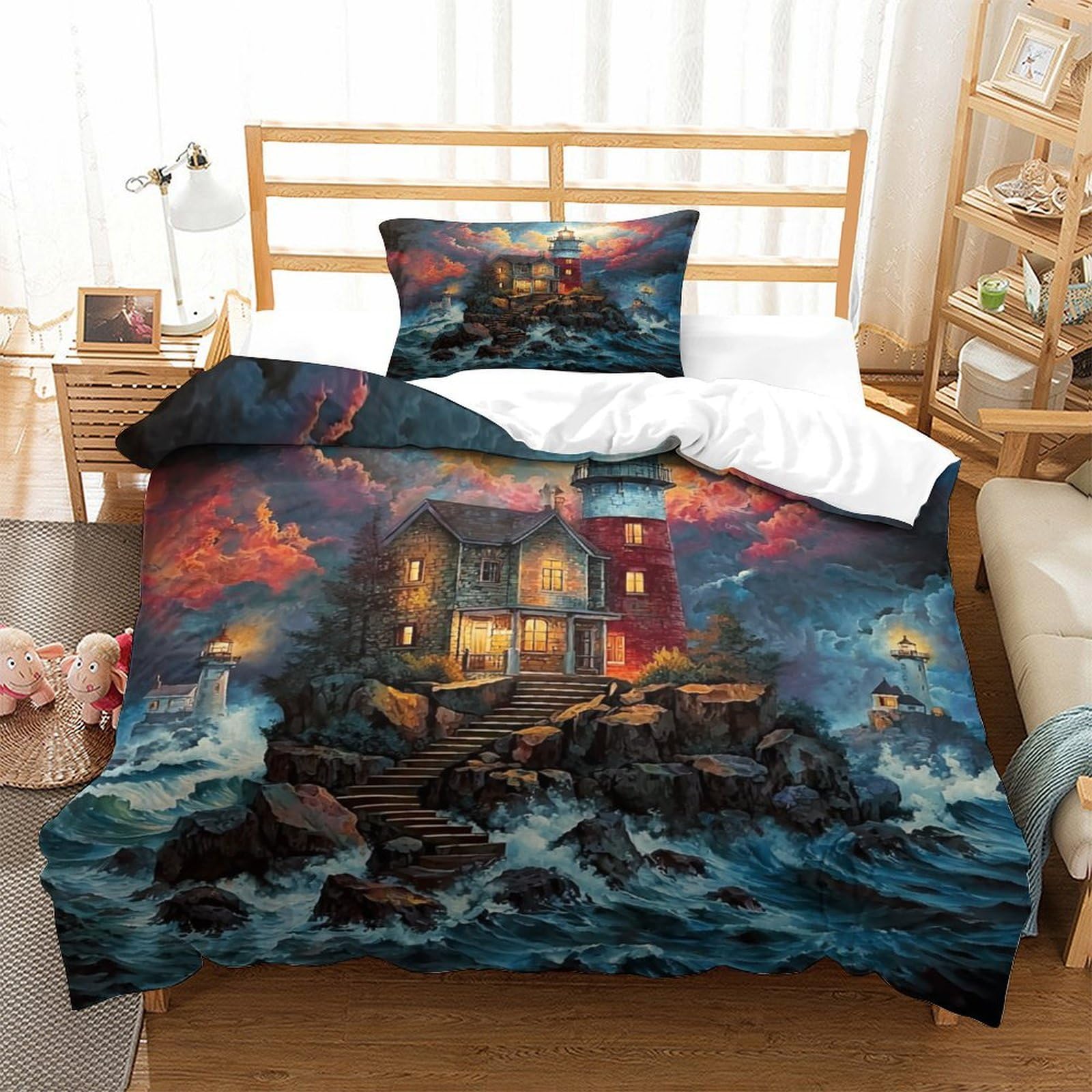 Housse de couette phare mer résoud les nuits chaudes parure lit microfibre 135x200