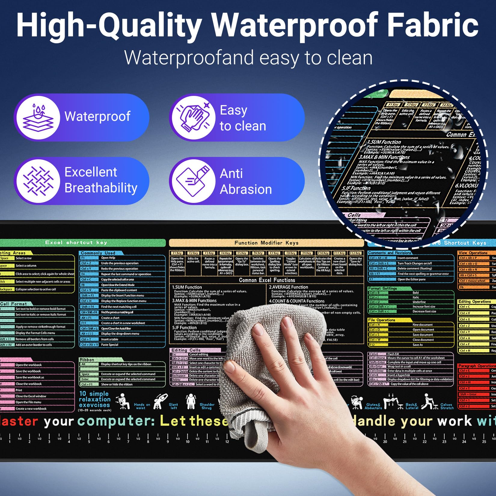 Excel Spickzettel Schreibtischunterlage 80 x 30 cm – wasserdichte Schreibtischunterlage mit Zoll-Skala, enthält 12 Arten von gemeinsamen Fähigkeiten in Excel und Wort, großes Excelpad Shortcut-Mauspad