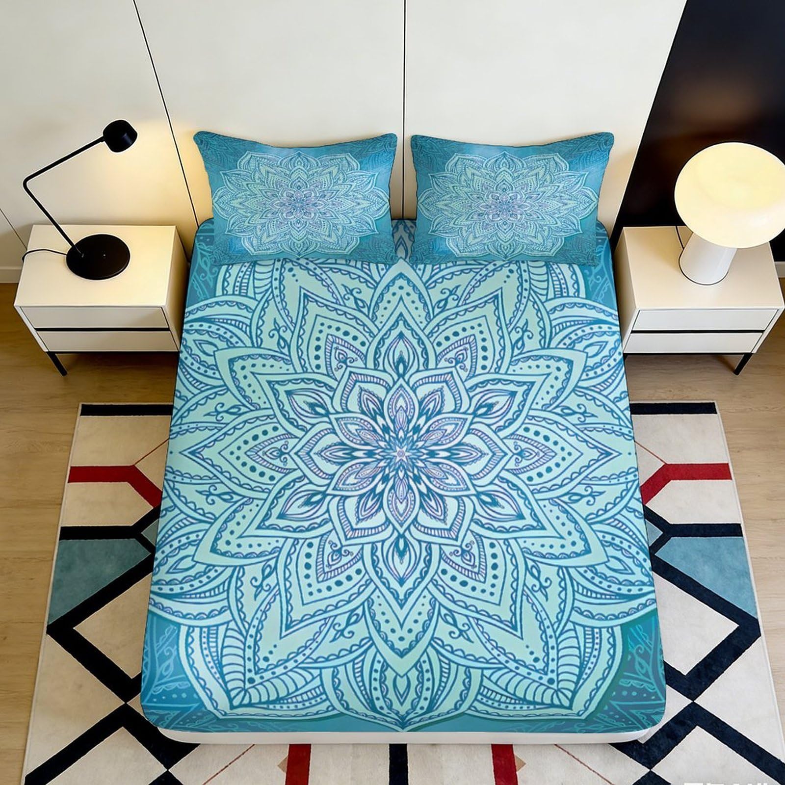 3D Printed Mandala Blossom Fitted Sheet Microfiber Soft Blue Lotus Bed Cover for Bedroom Guest Room Decor 90x200x25cm