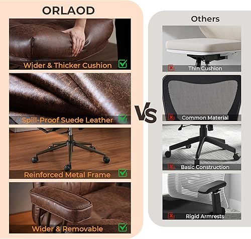 Miniatura 7 de Silla de oficina ergonómica cómoda con soporte lumbar, respaldo alto, silla de escritorio ejecutiva con ruedas de cuero de ante marrón oscuro para