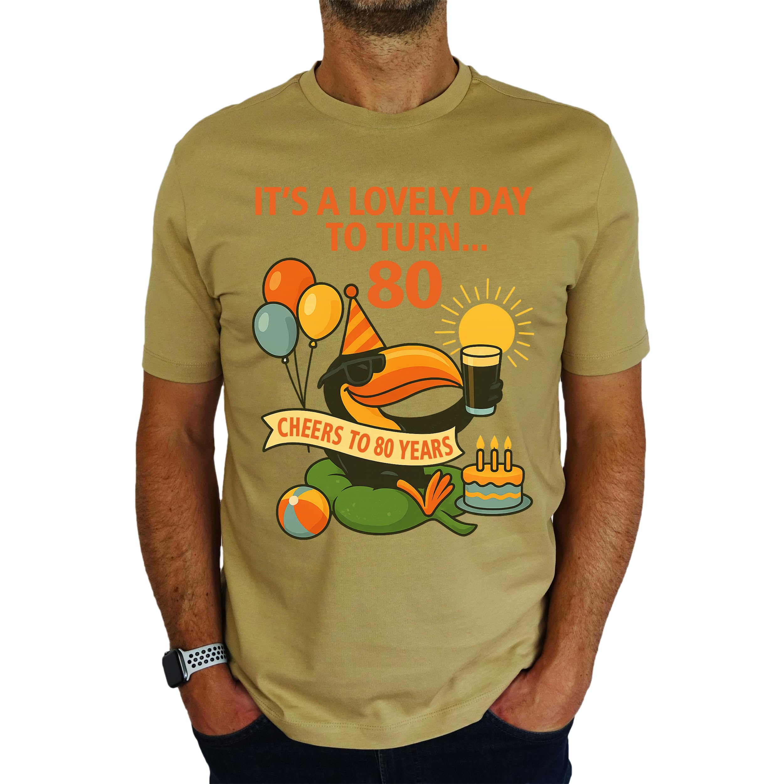 My Generation Gifts Men's Desert Sand It's A Lovely Day To Turn 80 Toucan - 80Th Birthday Gift | Present T-Shirt L