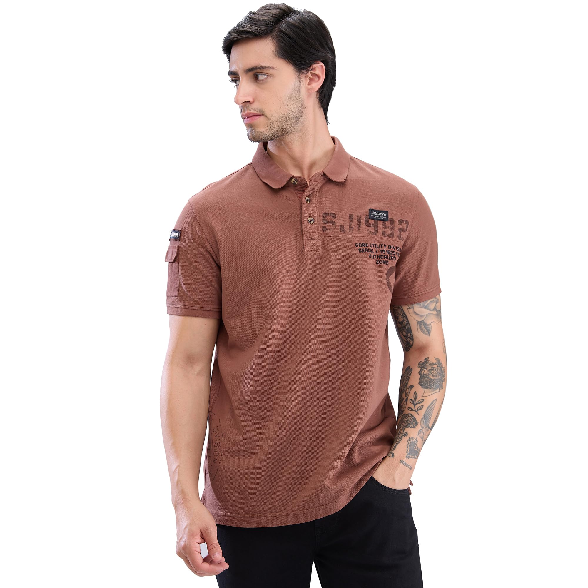 Spykar Men's Slim Fit Ribbed Collar Half Sleeve Solid Casual T-Shirt in neutral