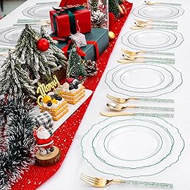 Liacere 150PCS Clear and Green Plastic Plates - Disposable Plates with Glitter Bamboo Handle Cutlery - 60 Baroque Elegant Plates,30Forks,30Spoons,30Knives for Christmas