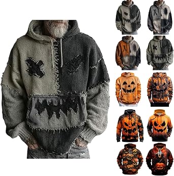 Halloween Patchwork Hoodie for Men Vintage Pumpkin Face Colorblock Sweatshirt Spooky Season Graphic Shirts Tops 2025
