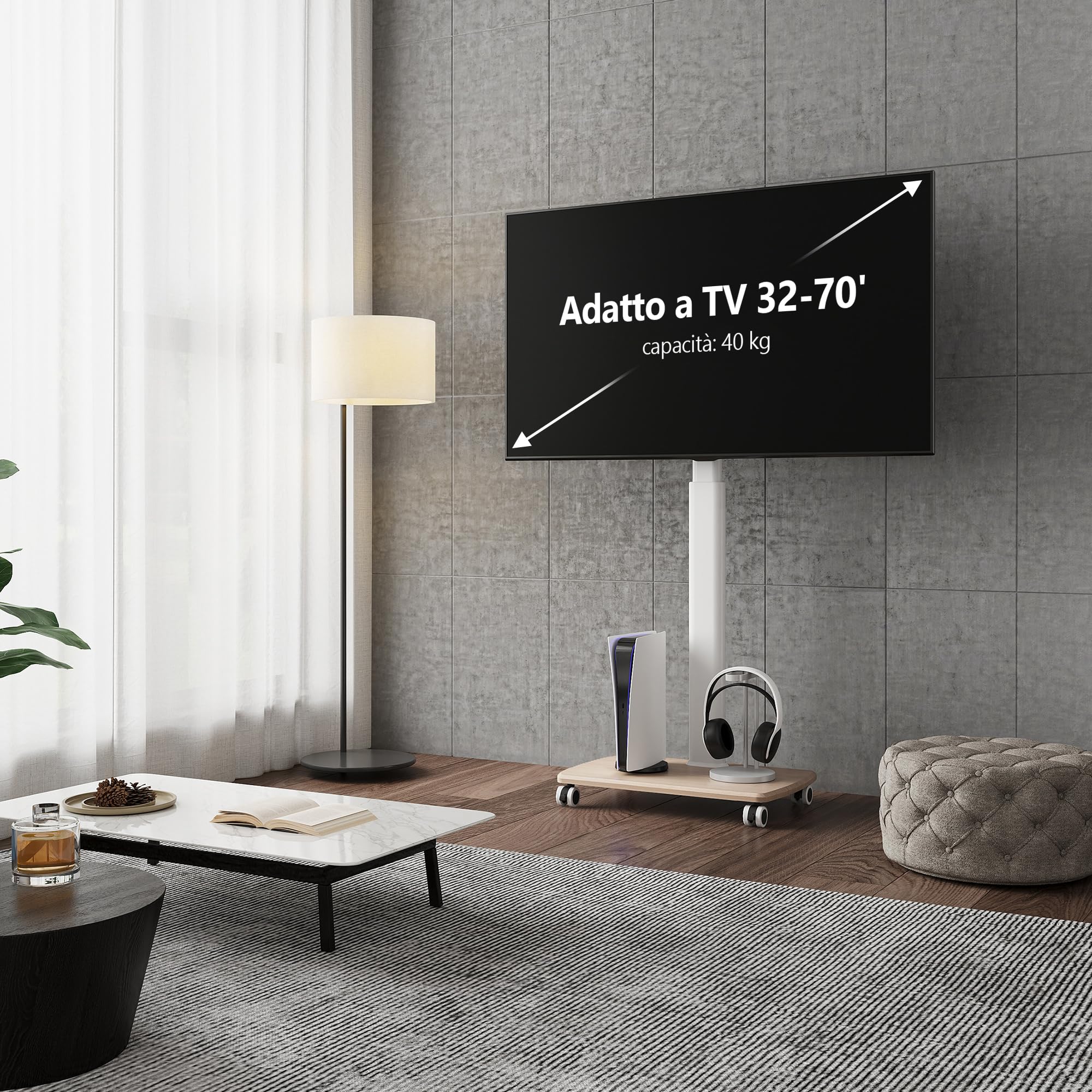 FITUEYES Carrello Porta TV con Ruote per 32-70 Pollici, 60° Girevole & 6 Altezza Supporto TV da Pavimento con Legno Base, Carrello TV con Ruote Max VESA 600x400mm Carico 40kg (Bianco)