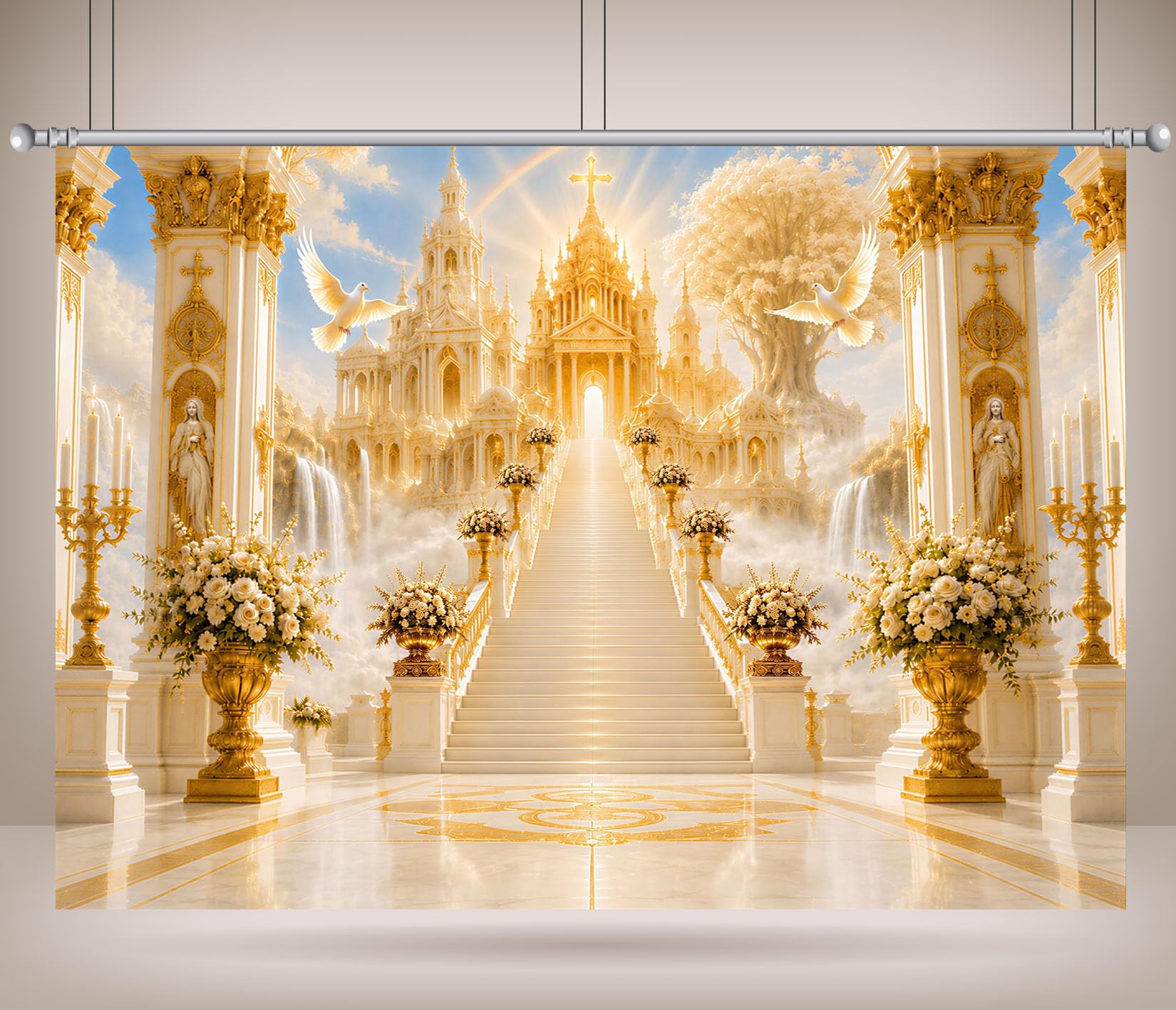 10x8FT (3x2.5m) Palazzo Celeste Dorato Sfondo Fotografico | Santuario Divino Fondale In Tessuto Resistente,Colonne Dorate E Colombe Bianche,Feste Cristiane,Personalizzabile,Photo Booth
