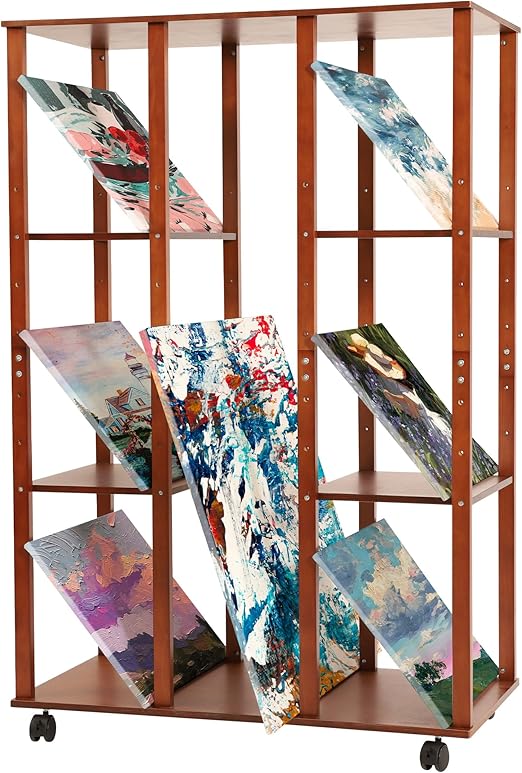 VISWIN Extra-Large Art Storage Rack with Wheels - Adjustable Wooden Drying & Display Rack for Canvas, Panels, Prints & Artworks, Multi-Tier Art Organizer for Studios & Galleries – Walnut