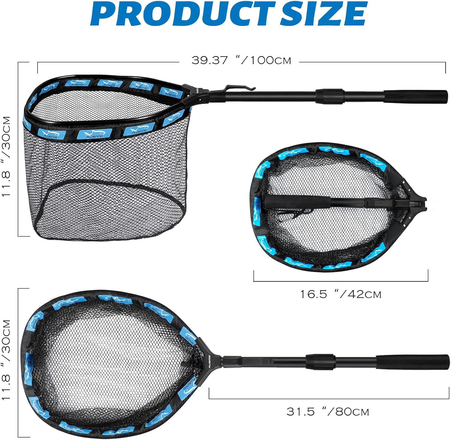 PLUSINNO Fishing Net Fish Floating Landing Net, Kayak Nets with Fixed Foldable Telescopic Pole Handle, Bass Trout Fishing Nets with Nylon Mesh for Pond Lake River, Fishing Gear Gifts for Men Anglers