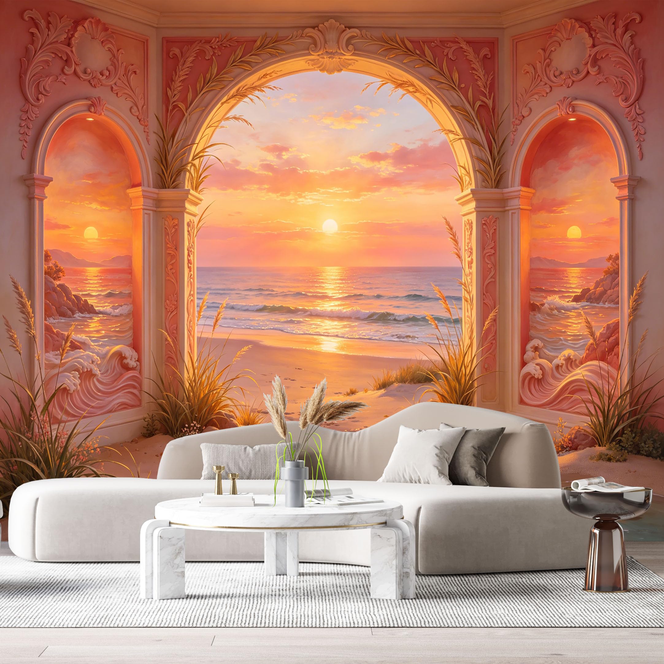 Custom Size Wall Murals Coastal Ocean Sunset Archway 3D Trompe L'Oeil SelfAdhesiveWall Fabric Removable Wallpaper Wall Decor for Living Room Bedroom Bathroom