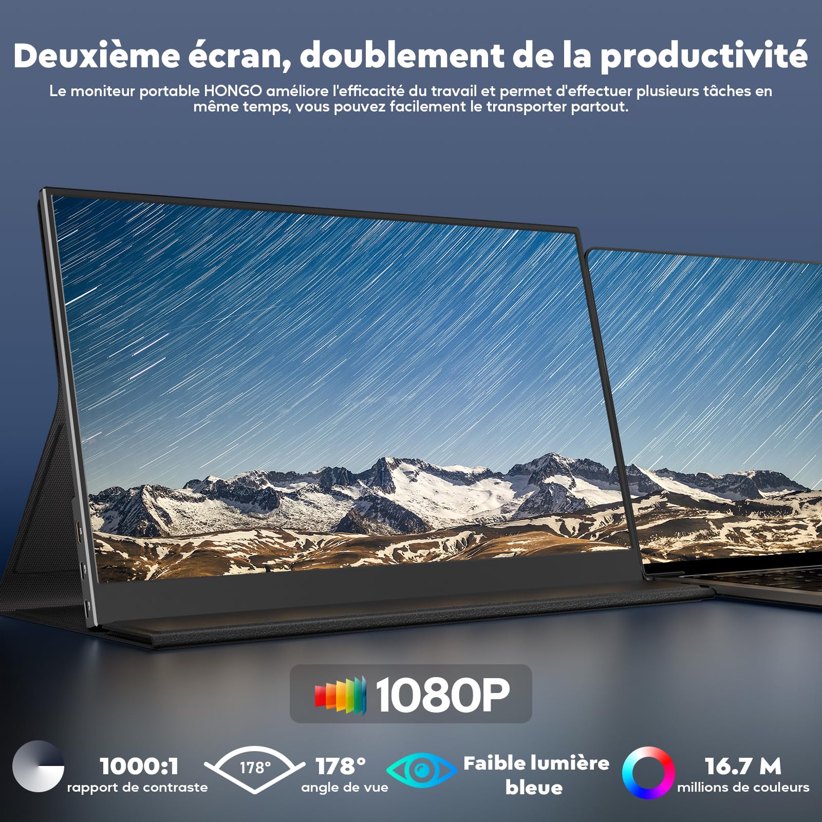 HONGO Moniteur Portable, Laptop Écran Portable 15,6" 1080P IPS Écran PC Portable Haut-parleurs Intégrés, Moniteur pour Ordinateur Portable, PC, Mac, X-Bo, Switch, Deuxième Ecran Portatif USB C