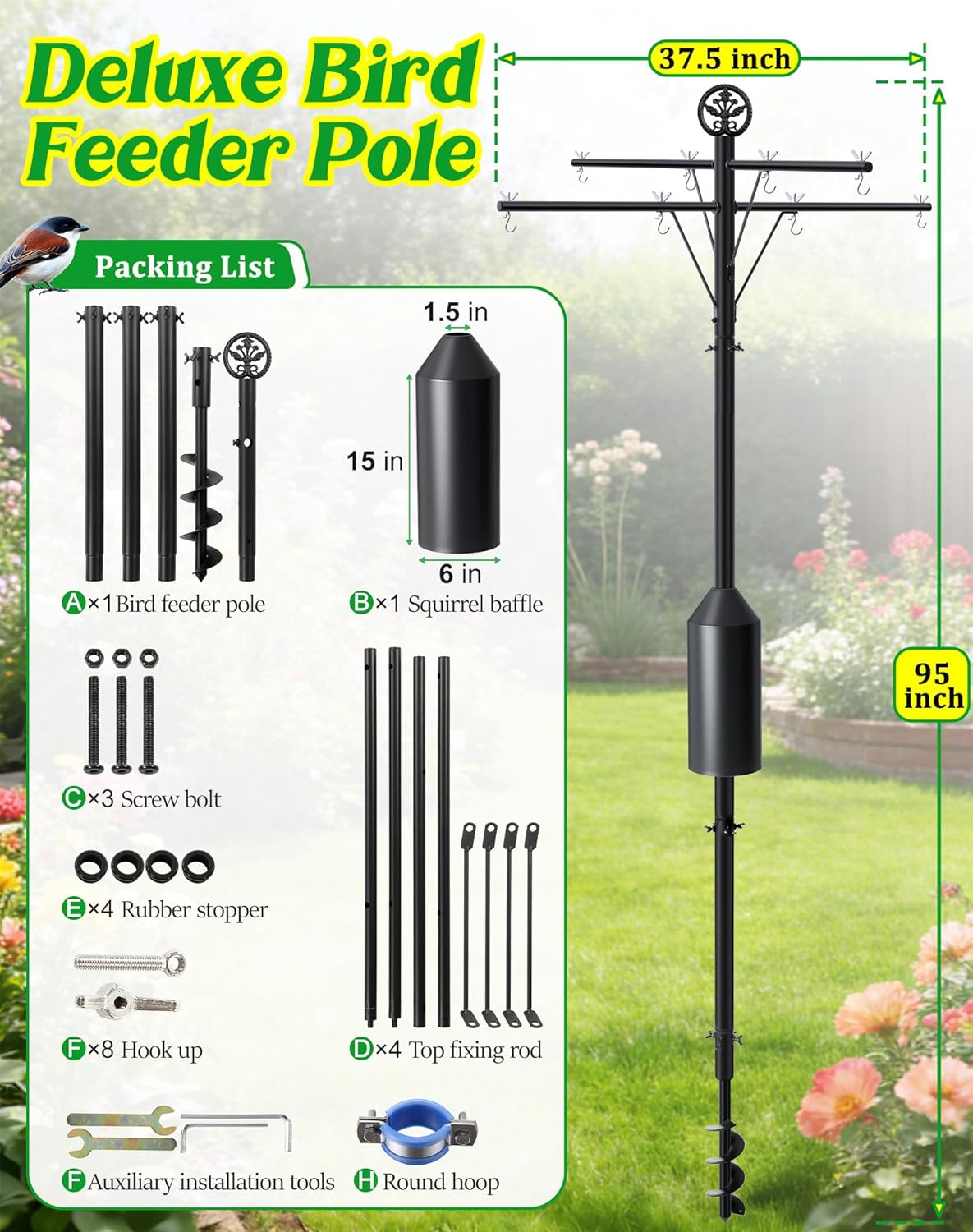 95 Inch Bird Feeder Pole with Torpedo Squirrel Proof Baffle, Heavy Duty Steel Squirrel Proof Pole System with Hanging Stations, Ideal for Holding 8 Feeders, Wind Chimes, Plants