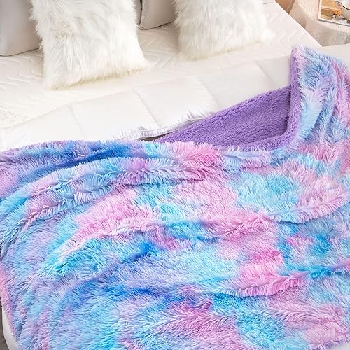 Miniatura 5 de DANGTOP - Manta de piel sintética de lujo, suave manta decorativa de teñido anudado, mantas esponjosas, ligeras, lujosas y acogedoras, de felpa