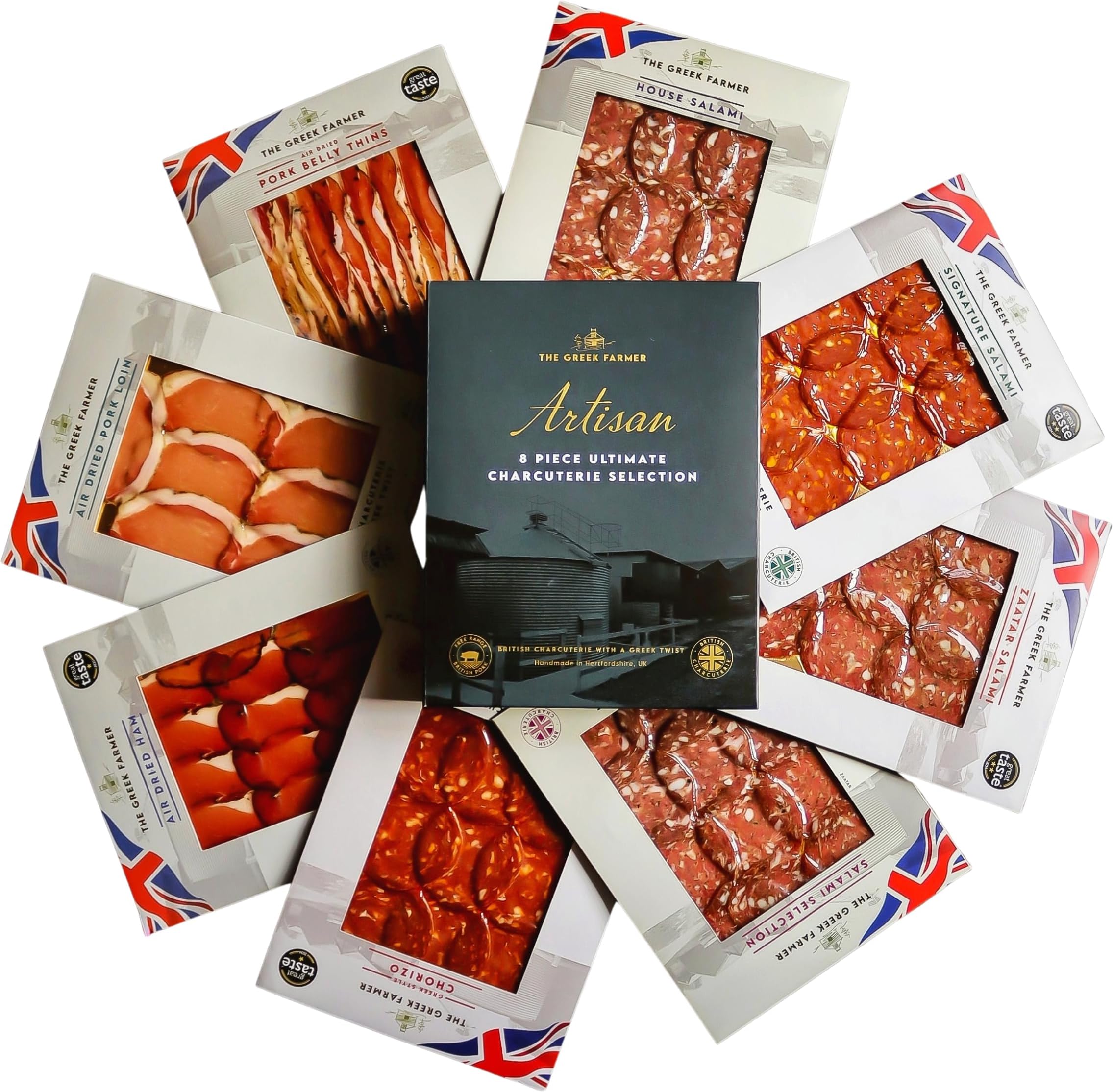 – The Greek Farmer Signature 8 Piece Charcuterie Collection | Cured Meats & Cold Cuts | Artisan Charcuterie Gift | British Free-Range Pork | 5-Star Great Taste Award | Ideal Foodie Gift & Savoury Hamper