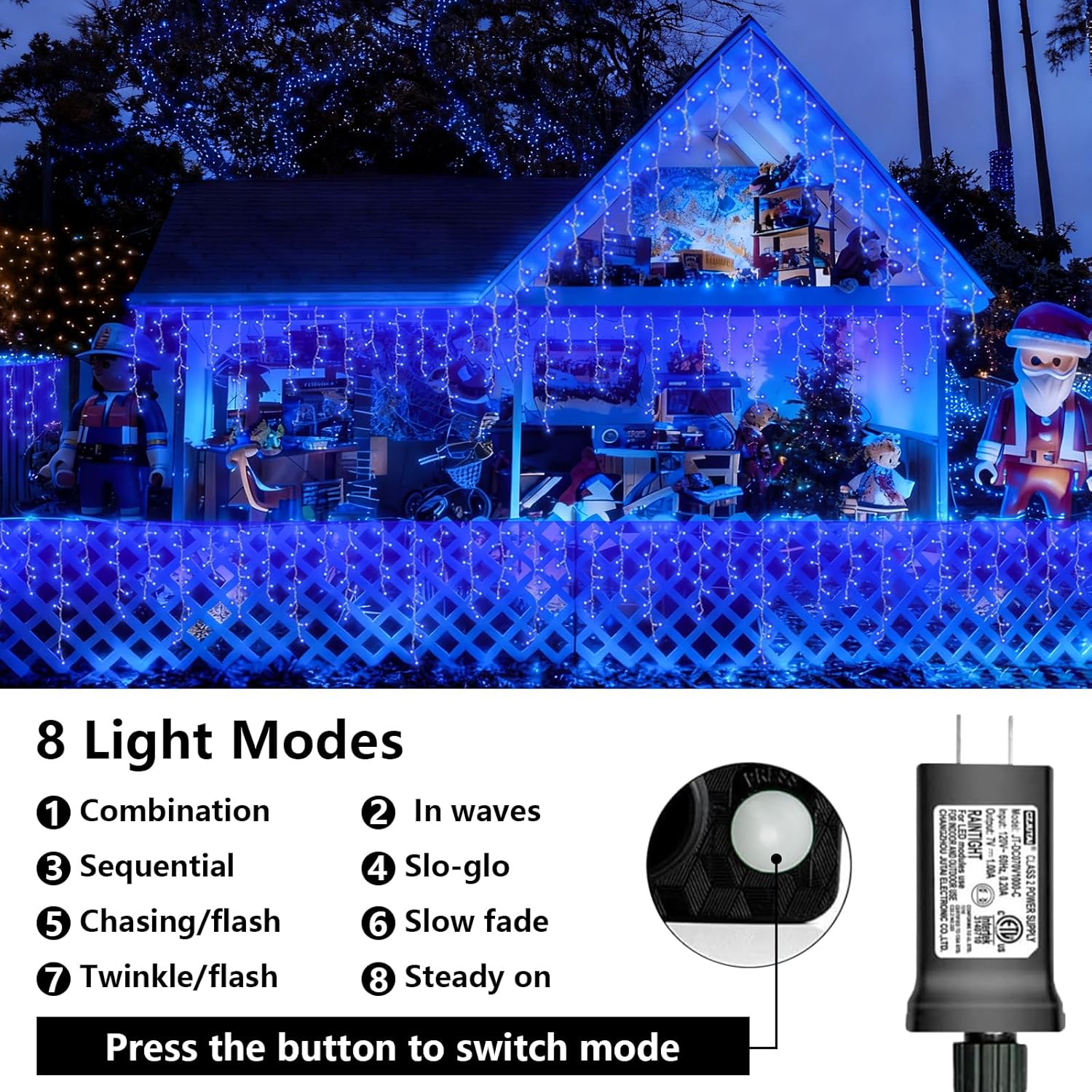 QITONG Blue Icicle Lights for Outside, 66ft 800 LED String Lights Plug in with 8 Modes, Clear Wire Connectable Icicle Christmas Light Indoor