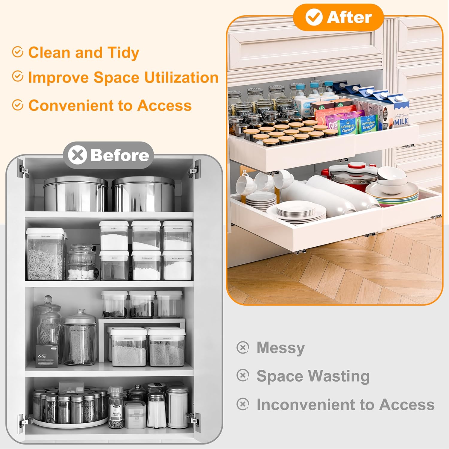 2 Pack Pull Out Cabinet Organizer Expandable, Adjustable Width 12.6"-20.6", Slide Out Drawers and Roll out Drawer for Pots and Pans, Adhesive No Drill Screw (White ND1)