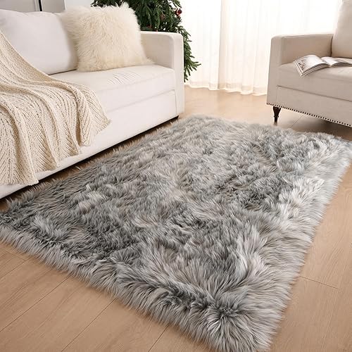 Miniatura 133 de Alfombra de piel sintética esponjosa de piel de oveja blanca, 4 x 6 pies, ultra suave, para dormitorio, mesita de noche, sala de estar, guardería