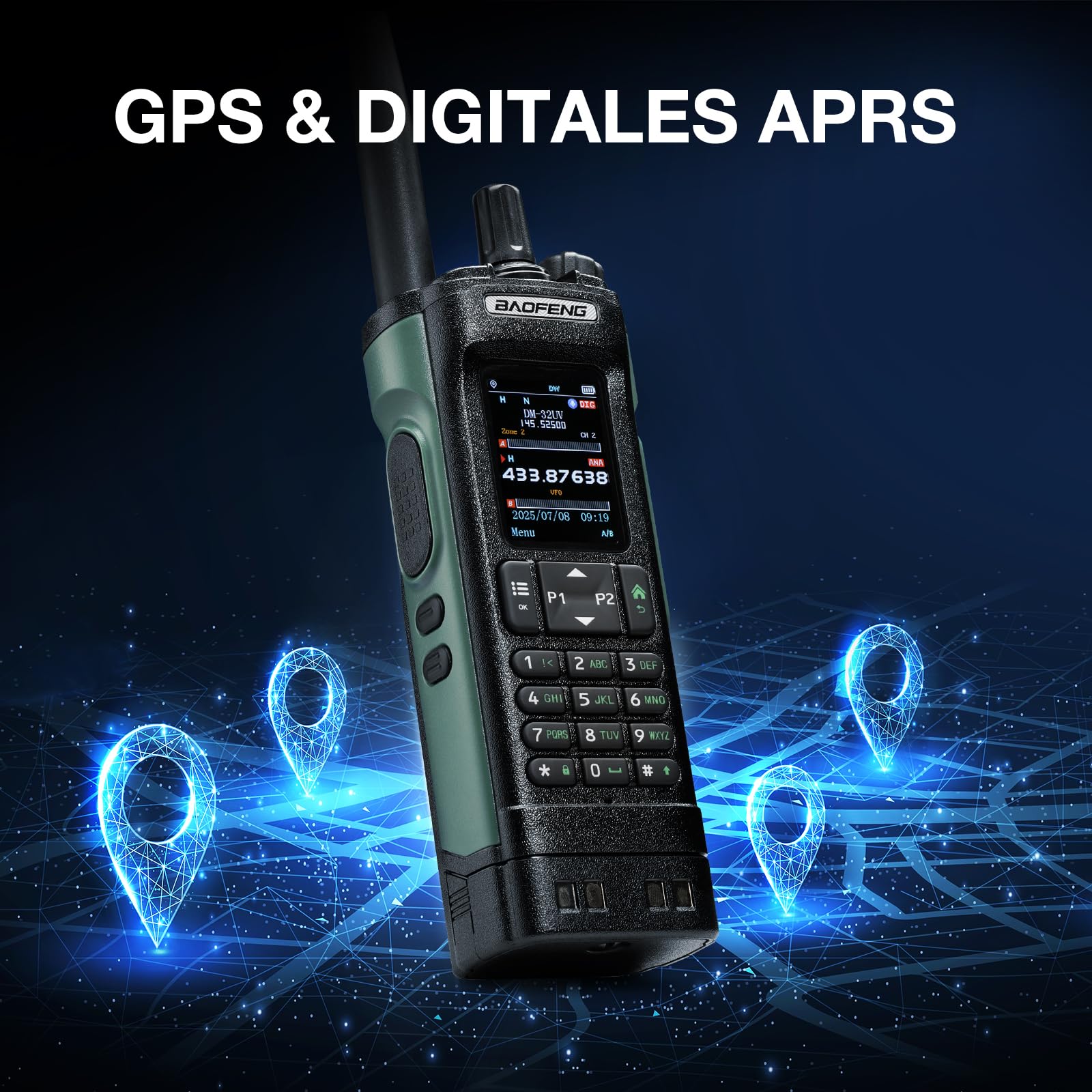 BAOFENG DM-32UV 10W DMR Funkgerät, UHF/VHF/AM/FM Handfunkgerät mit GPS & Digitalem APRS, Tier II Dual Slot, 2" Farbdisplay, 4000 Kanäle, 50K Kontakte, Kofferhalter, Grün
