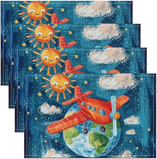 Erosebridal Kids Aircraft Set of 4 Table Mats 12X18 Cartoon Earth Print Waterproof Placemats Kawaii Stars Sun Pattern Placemats,Blue Galaxy Place Mats Oil Painting Style Oil Proof Washable Decor