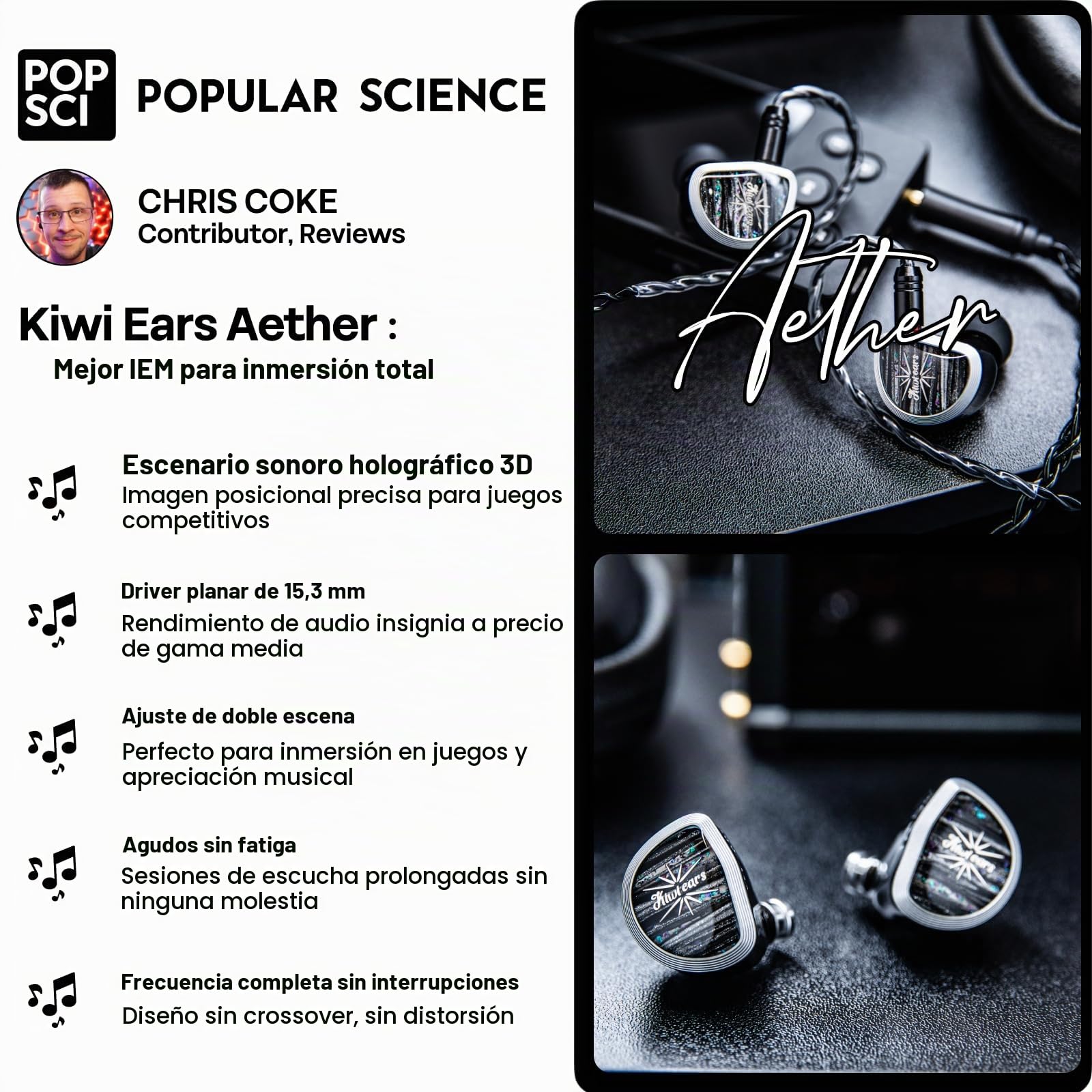 Linsoul Kiwi Ears Aether In Ear Monitor,Auriculares IEM con Controlador planar Grande de 15,3mm,Auriculares con Cable de Alta fidelidad,Cascos para Juegos con Cable Desmontable de 2pines para músicos