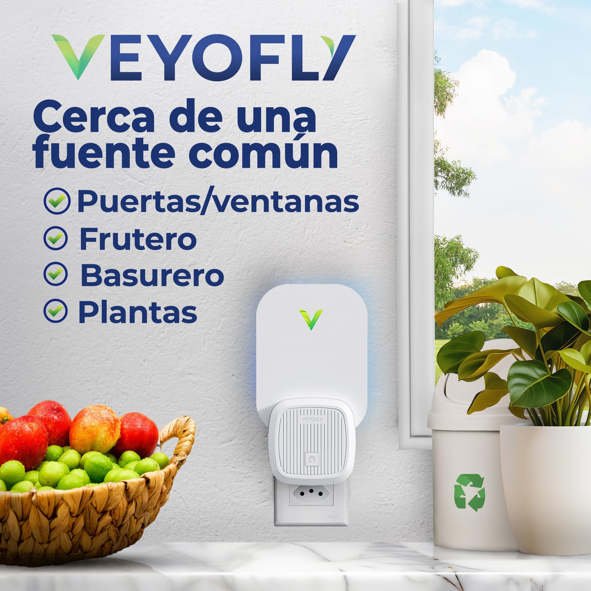 VEYOFLY Trampas para Moscas de la Fruta para Interiores, (1 Dispositivos + 3 Repuestos), Trampa Enchufable para Mosquitos e Insectos Voladores, Luz Atrayente para el Hogar, Capturador de Mosquitos