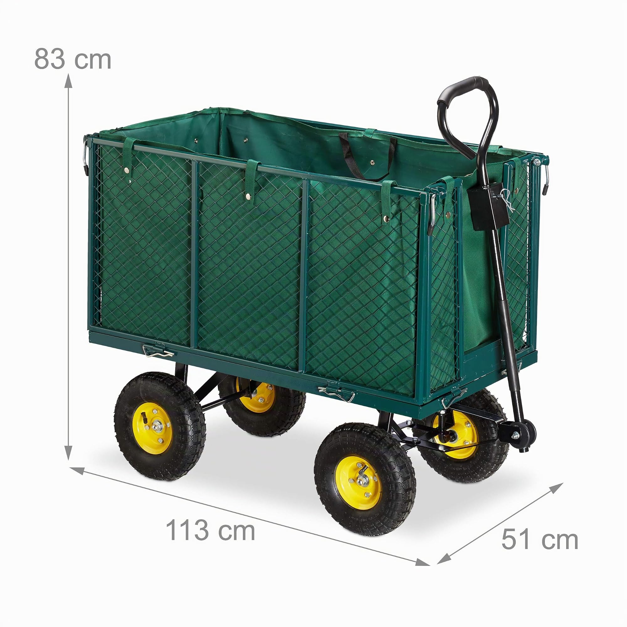 Relaxdays Carro jardín XXL hasta 500 kg, Acero-Goma-Tela, Verde, 83 x 51 x 113 cm