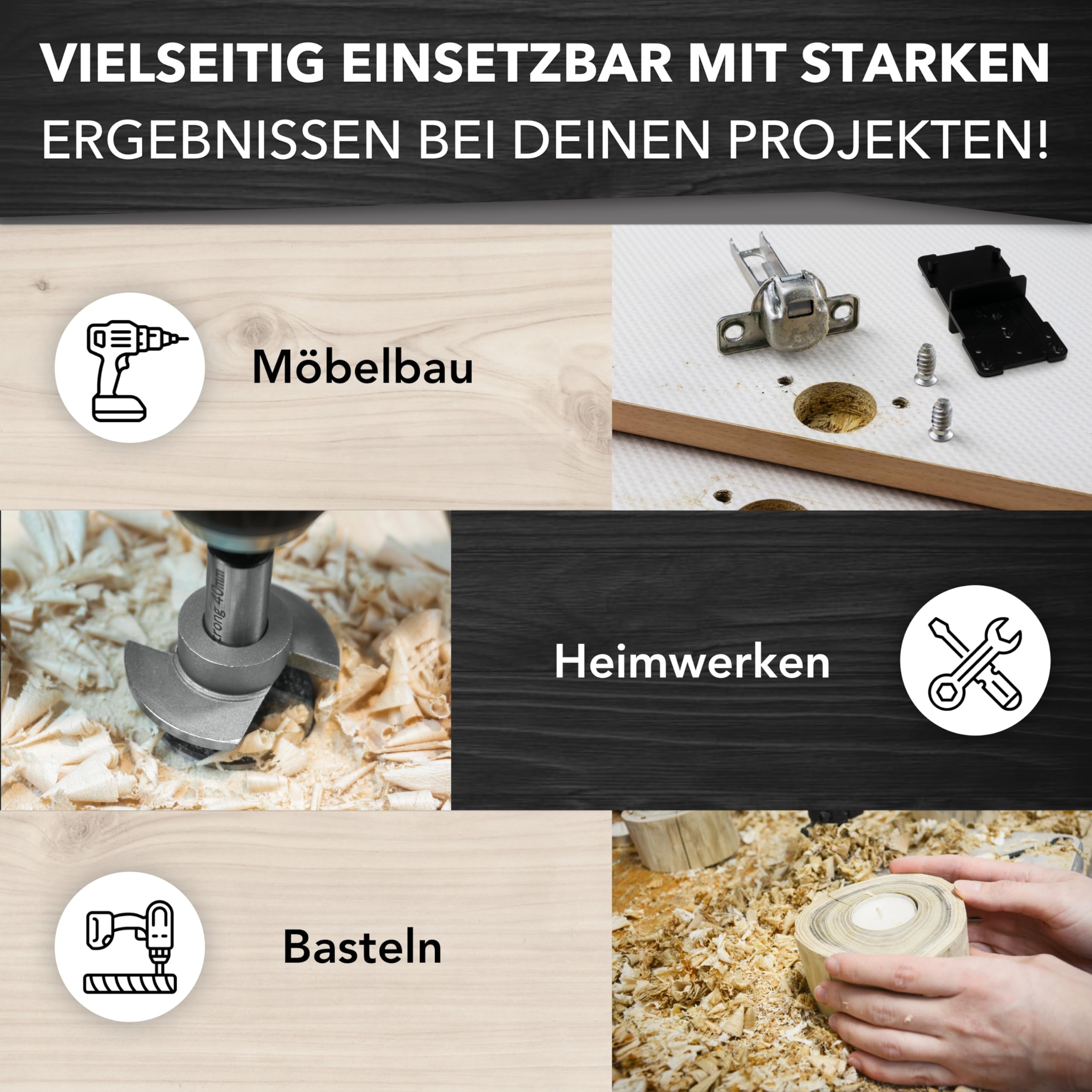 monkeystrong Forstnerbohrer Set 15-40mm 13-tlg mit Tiefenstopp & Schablone | Topfbohrer, Scharnierbohrer, Astlochbohrer, Sacklochbohrer, Kunstbohrer, für Hartholz, Weichholz, MDF & Spanplatte