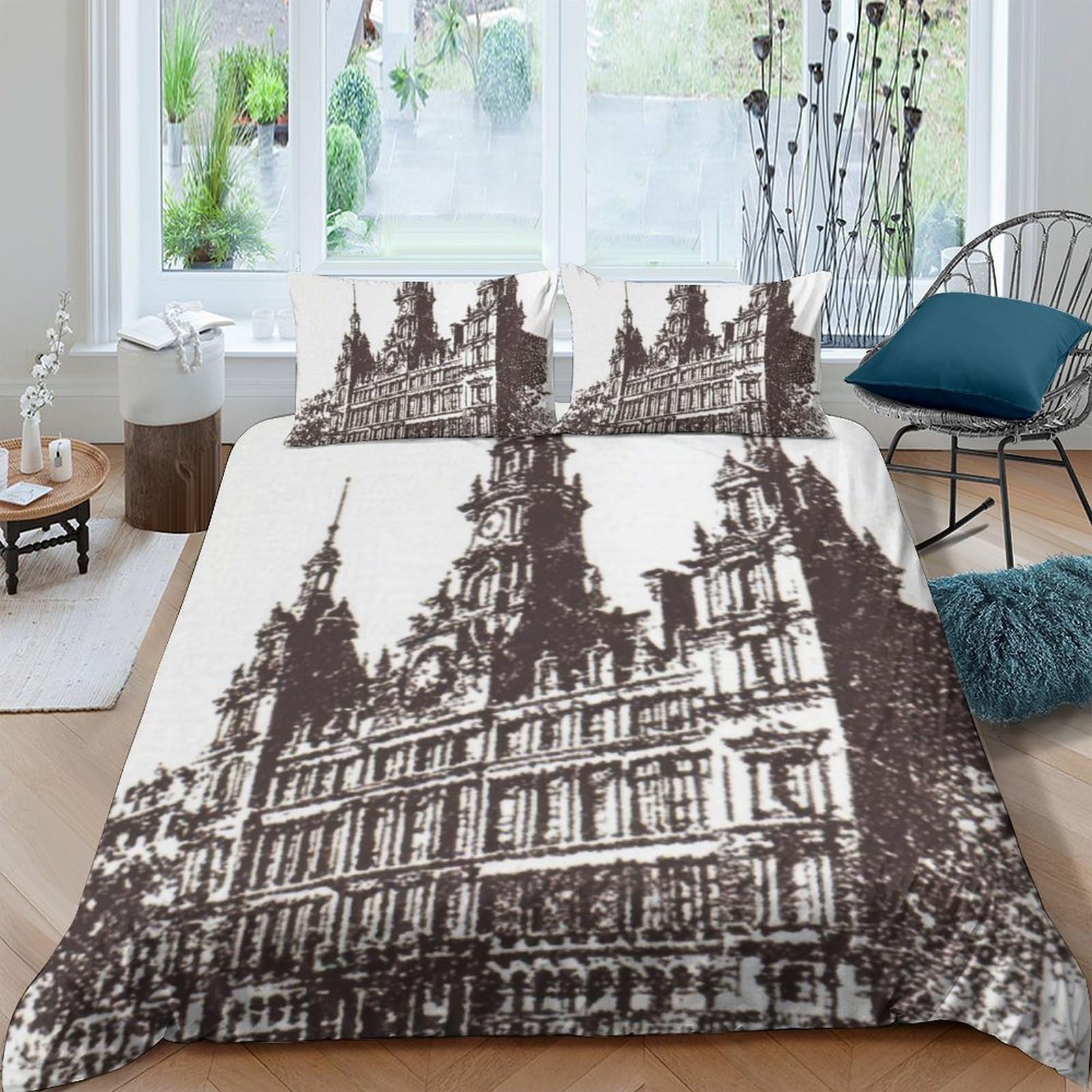 GPLZQXKJNH 3D Printed European Architecture Duvet Cover Microfiber Soft Breathable Cityscape Bedding Set with 2 Pillowcases for Bedroom Home Decor Single（135x200cm）