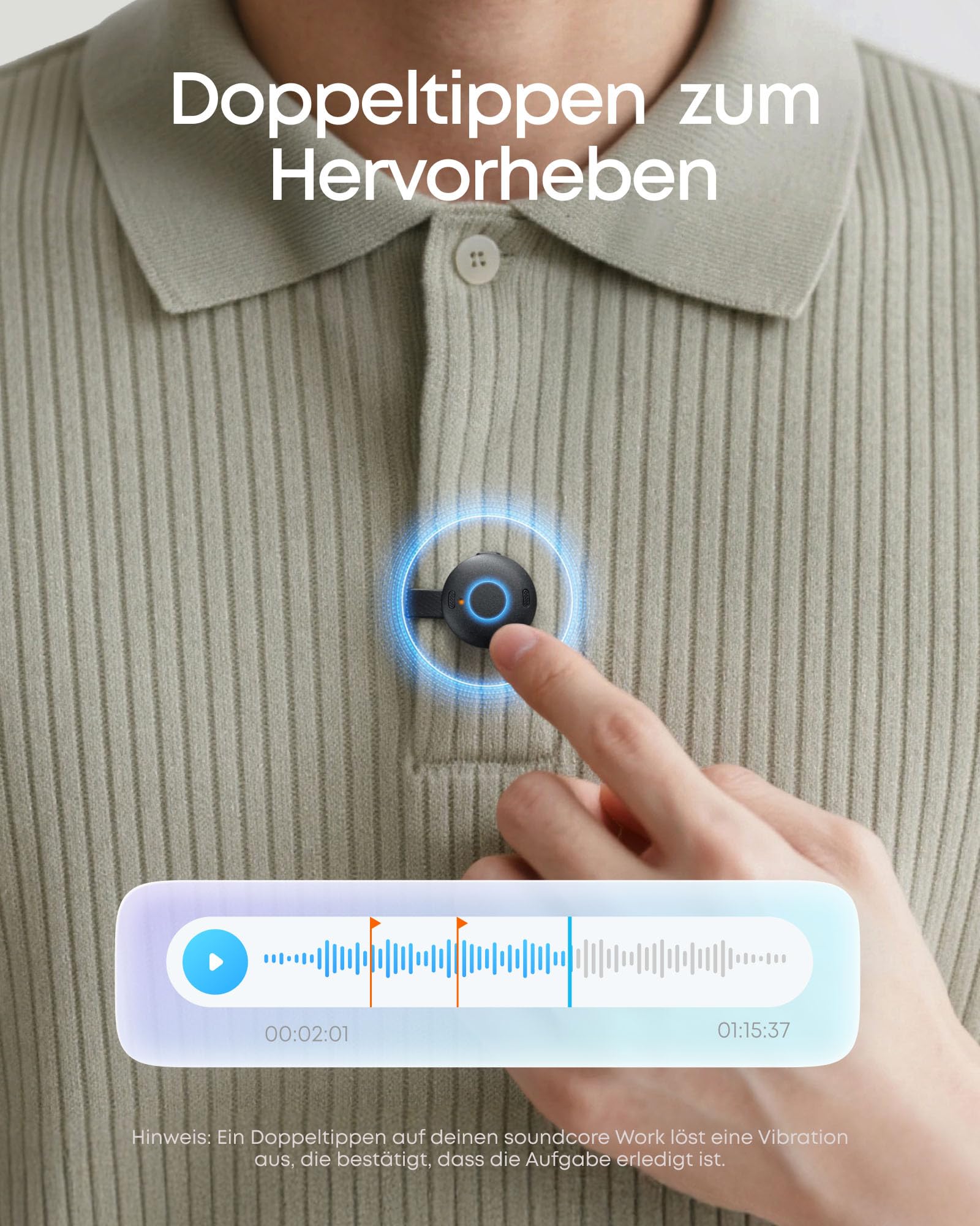 soundcore Work by Anker KI Voice Recorder, Digitales Diktiergerät mit KI Schreibfunktion und Spracherkennung, 150+ Sprachen, kombinierte Protokolle für Meetings und Vorlesungen, MFi-Zertifiziert 8GB
