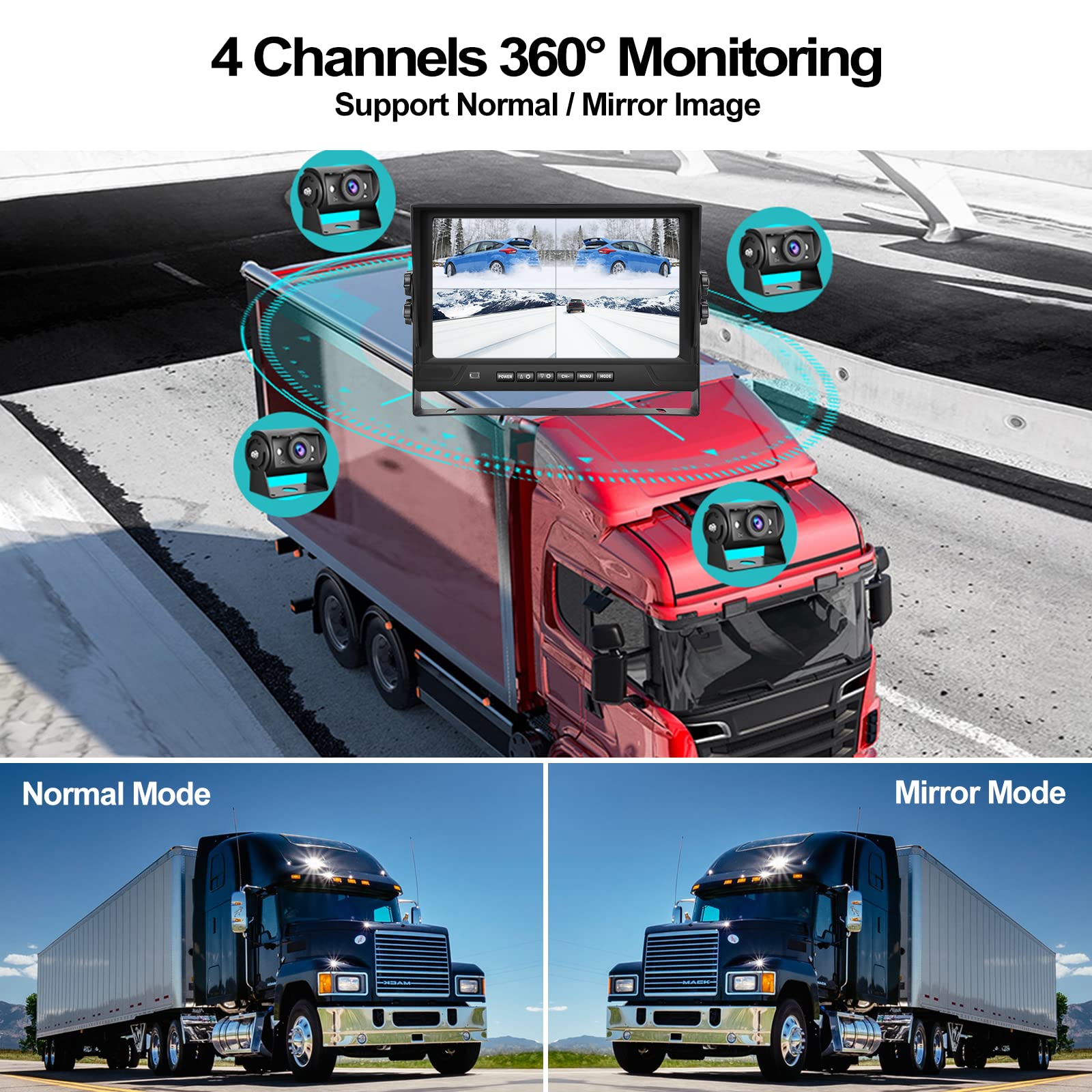 Zestaw czterech kamer cofania CAMECHO do ciężarówek – 9-calowy monitor LCD z nagrywaniem wideo DVR, szeroki kąt widzenia, stopień ochrony IP68, 18 diod IR do widzenia nocnego