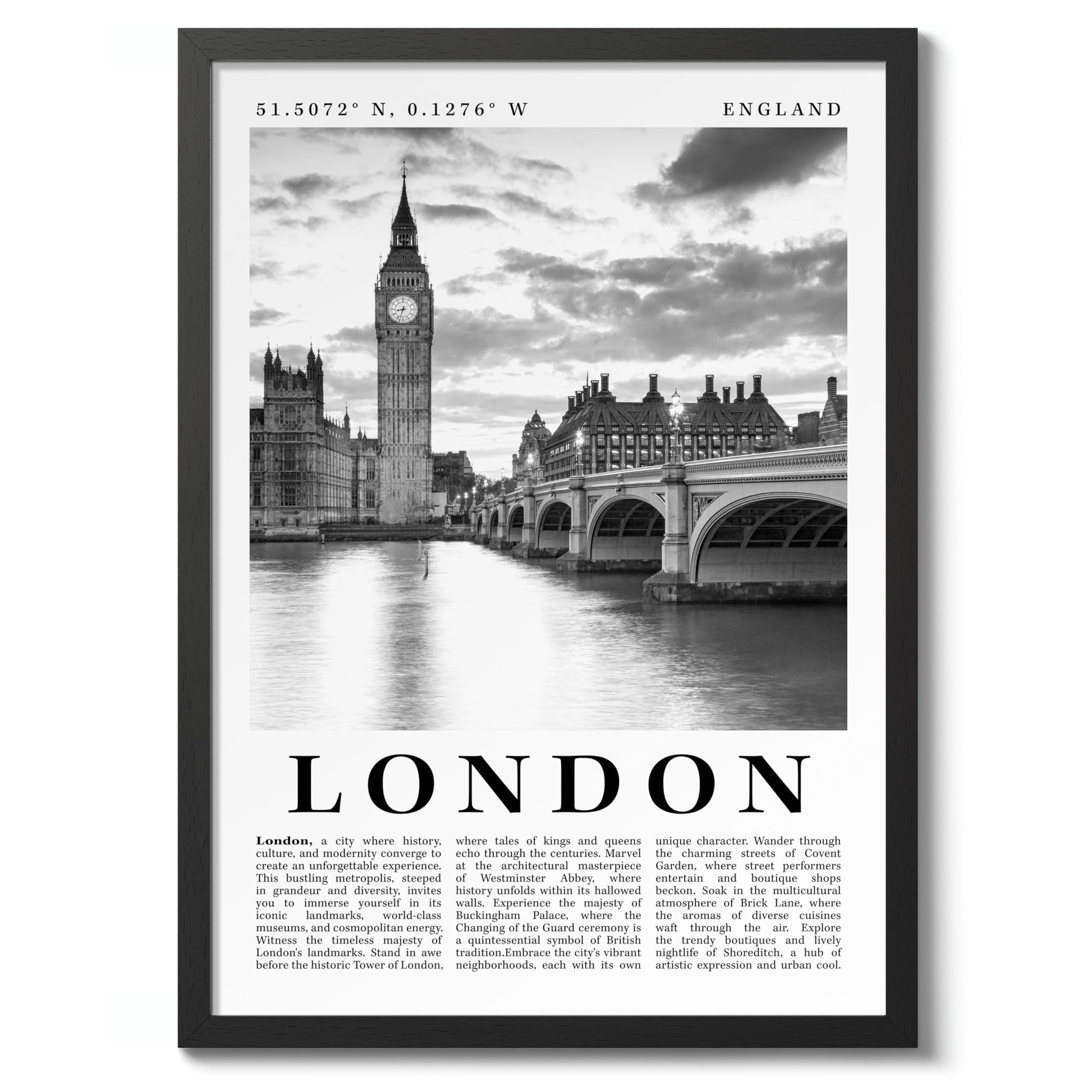 London - England England Travel Poster, Black And White Photographic City Destination Print, Britain Picture, Living Room Decor, Archival Matte, A2 (Black Frame) - 59.4x42cm