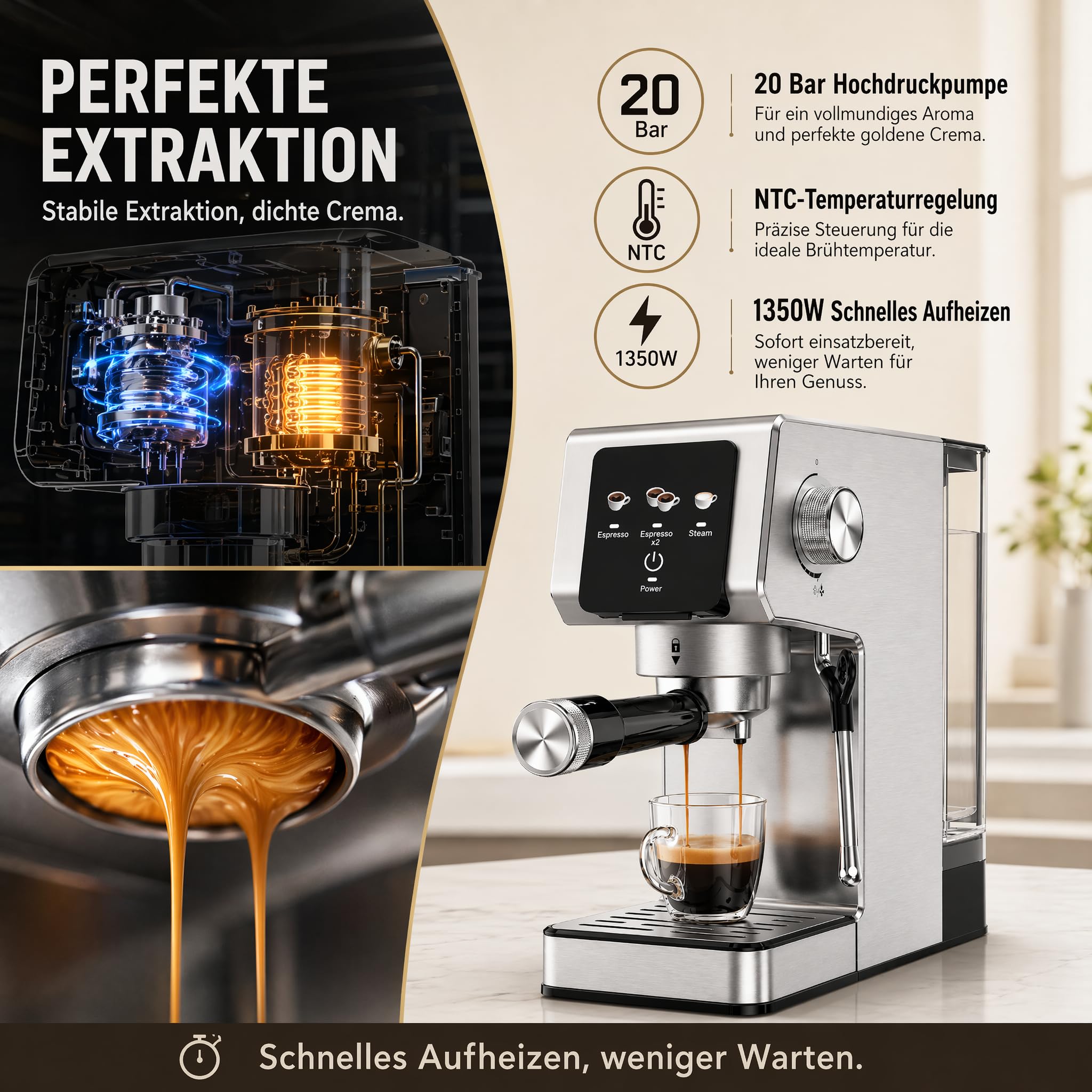 Espressomaschine 20 Bar Siebträgermaschine mit Touchscreen, 1350W Kaffeemaschine mit Milchaufschäumer, 1,2L Wassertank, Einzel- & Doppelshot