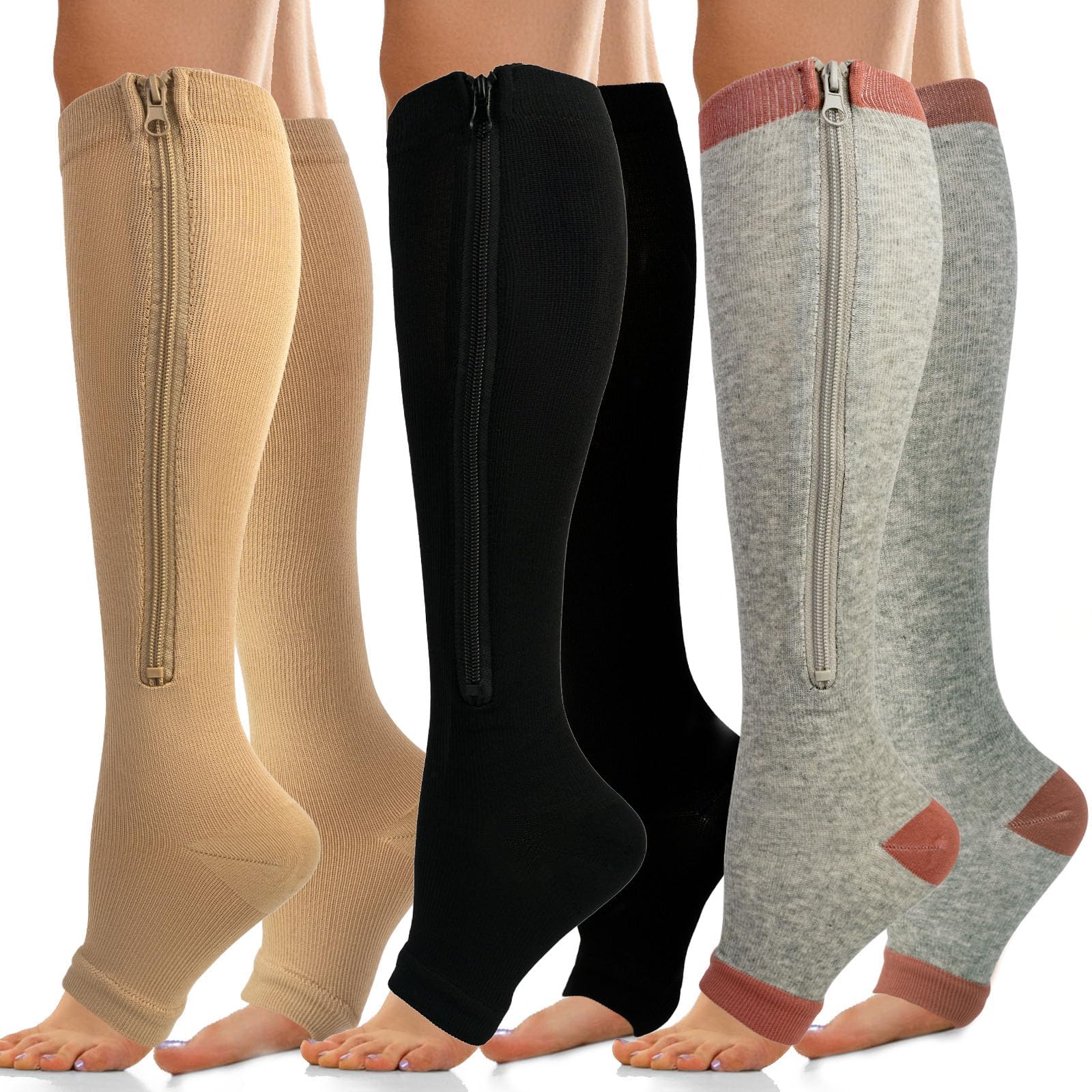 Zipper Compression Socks Women & Men - 3Pairs 15-20mmHg Open Toe Compression Stocking suit for Walking,Running
