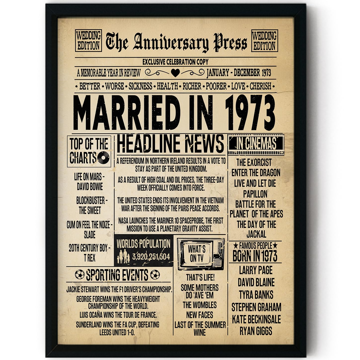 Stuff4 Men's 1973 53Rd Anniversary Poster Framed - Married In Newspaper - 53 Wedding Anniversary For Wo Retro Vintage Gifts Back In 8X10 Inch Anniversaries Posters