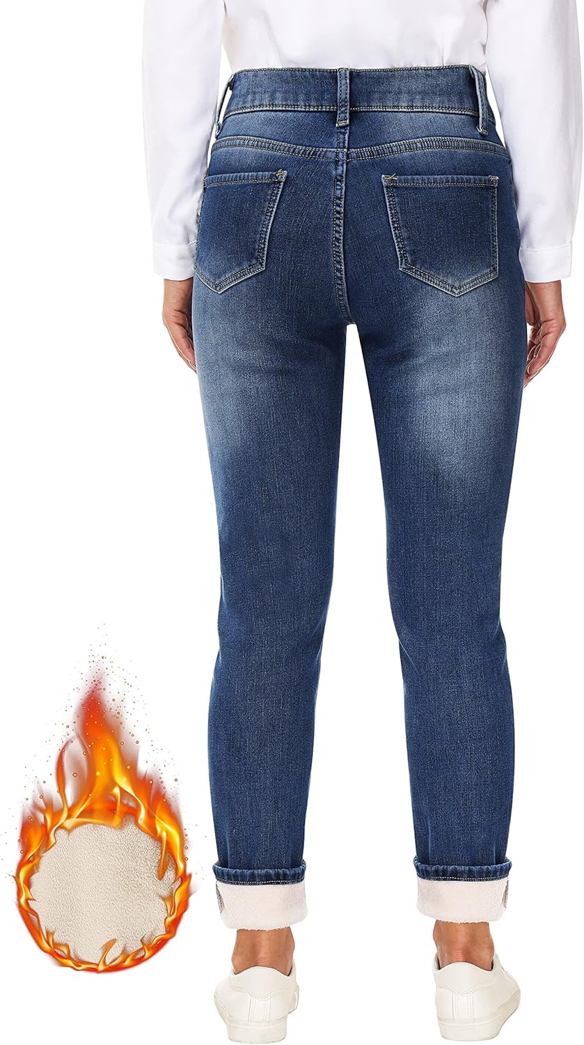 Fleece Lined Jeans Women Thermal Flannel Lined Jeans 3 Buttons Winter Warm Skinny Stretch Denim Pants - Image 4