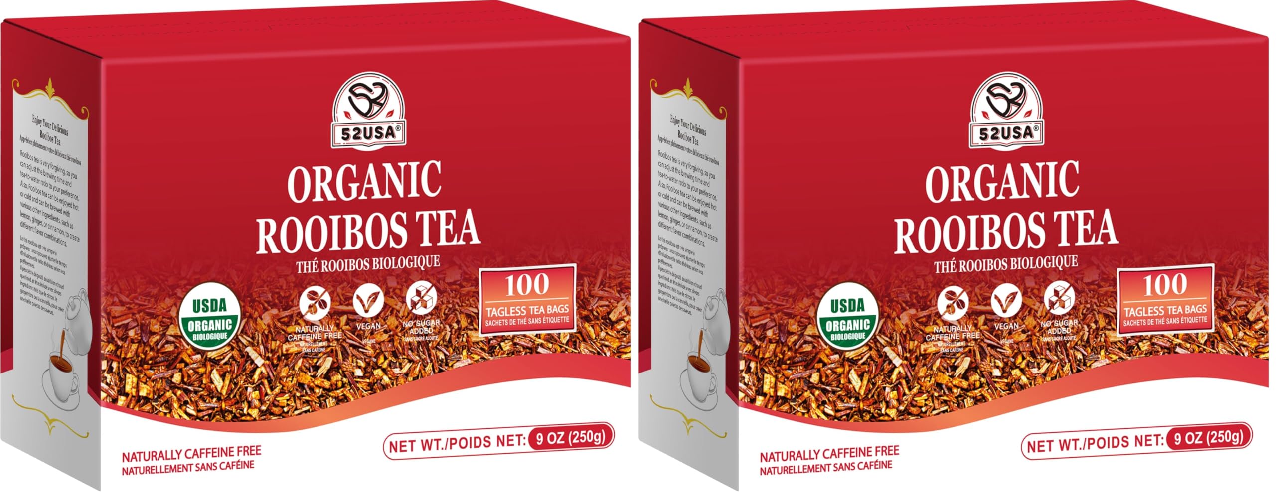 52USA Rooibos Tea Organic, 100 Teabags, Naturally Sweet Herbal Tea, Caffeine Free Rooibos Tea, Farmed in South Africa, 9oz (250g) (Pack of 2)