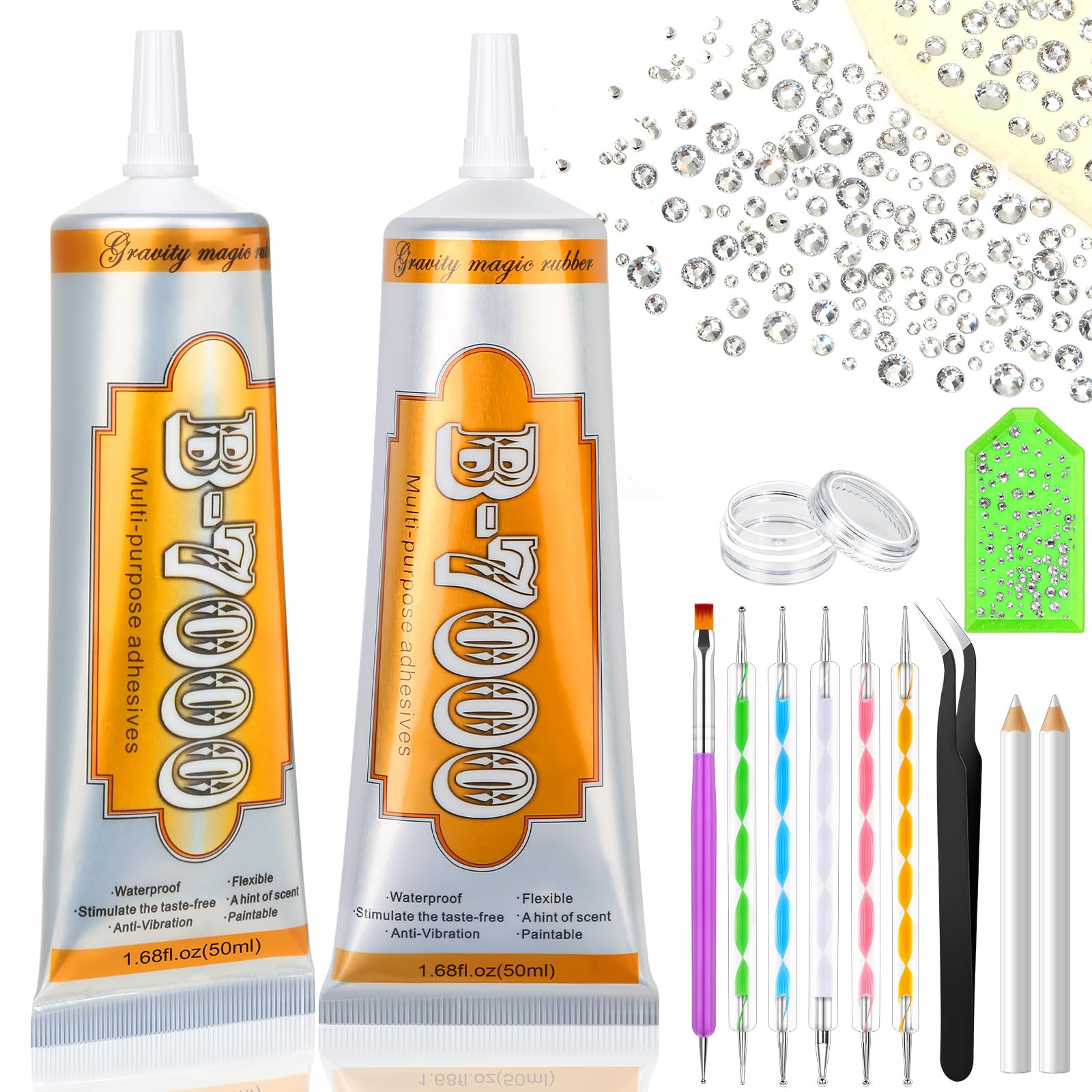 B7000 Jewelry Glue with Rhinestones, 2 x 50ML Super Adhesive Clear Glue for Crafts, 400PCS Crystal Rhinestones for Bedazzling Crafting Nail Dotting
