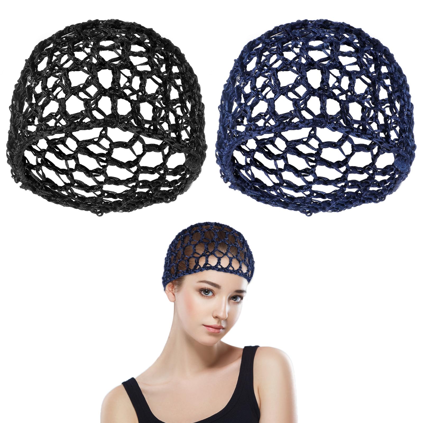 Photo 1 of **2 PACKS** Piriuuo 2 Pcs Hair Nets Cap, Hair Cap for Sleeping Elastic Mesh Crochet Hairs Net Snoods for Women Soft Shower Caps Hairs Wrap Net for Silk Press Cover Accessory for Sleeping (Black & Blue)