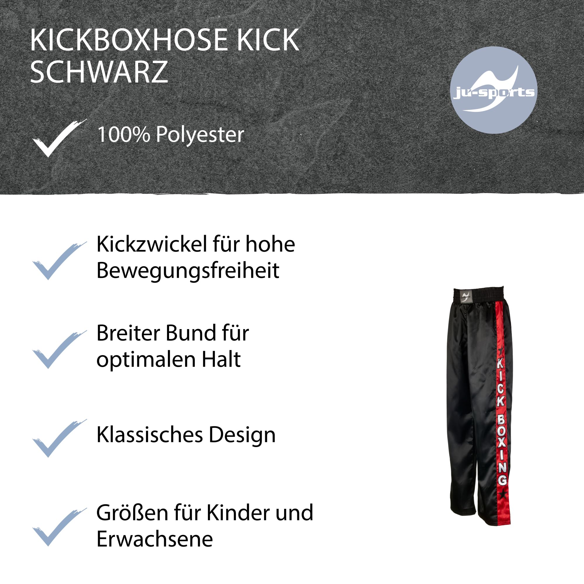 Ju-Sports Kickboxhose Herren & Damen schwarz - Leichte Hose mit Gummizug & Zusatzschnürung aus 100% Polyester, Mit Kickzwickel & breitem Boxerbund