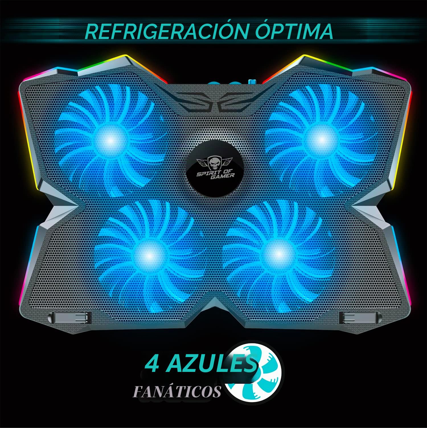 Spirit of Gamer, Base Refrigeradora Portatil de 10" a 17", 4 Ventiladores Silenciosos, Compatible con PS5, PS4, Xbox y PC, Placa de Enfriamiento Retroiluminada RGB, Soporte Ventilador Portatil