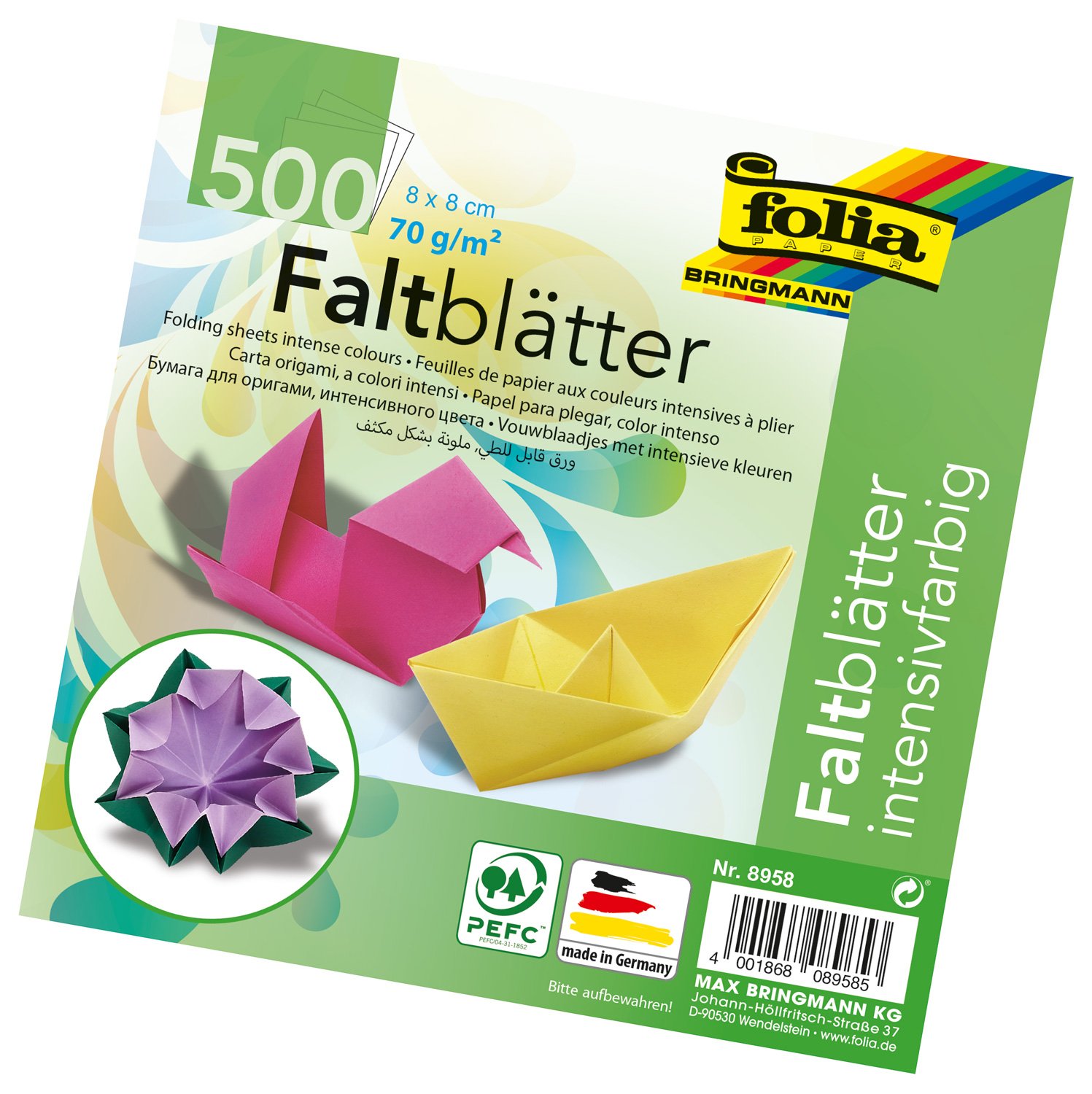 FoliaBringmann Folding Sheets 70 g/m² – 500 Sheets in 10 Assorted Colours, 8 x 8 cm
