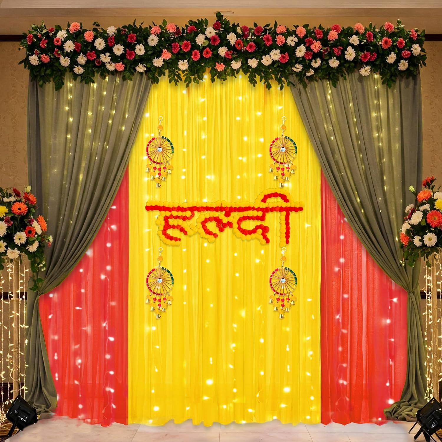 SpecialYou Haldi Decoration Items for Marriage Combo kit with Yellow Red & Green (7 * 3.5 Ft) Backdrop with Haldi Board & Latkans, Haldi Ceremony Backdrop Decoration- 19 Items-image-13