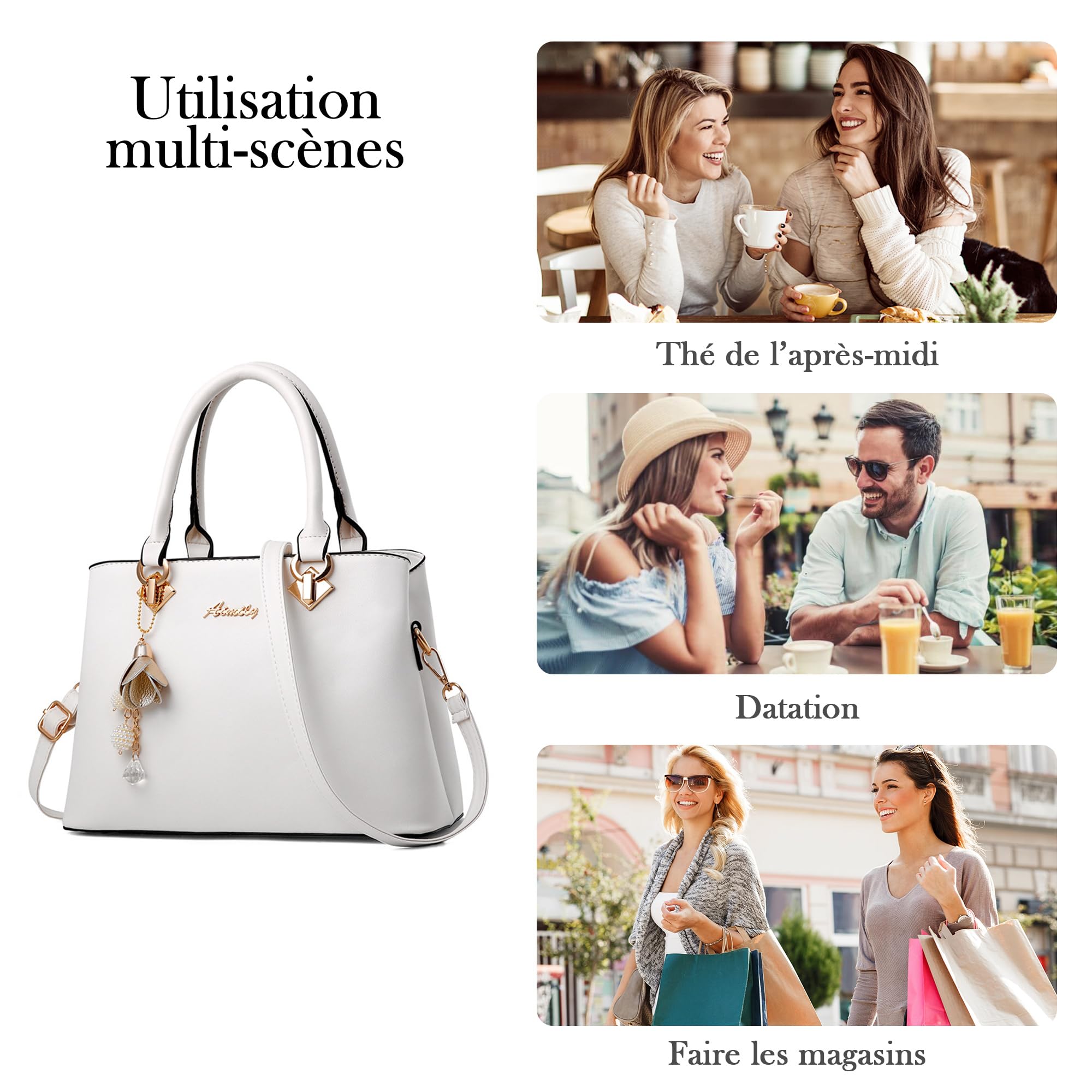 Mode Sac à Main Femmes Sac Bandoulière Sac Cuir PU Poignée Sac Bandoulière Cloches Suspendues Ornements Travailler Voyage Décontracté Quotidien Sac à Main Blanc