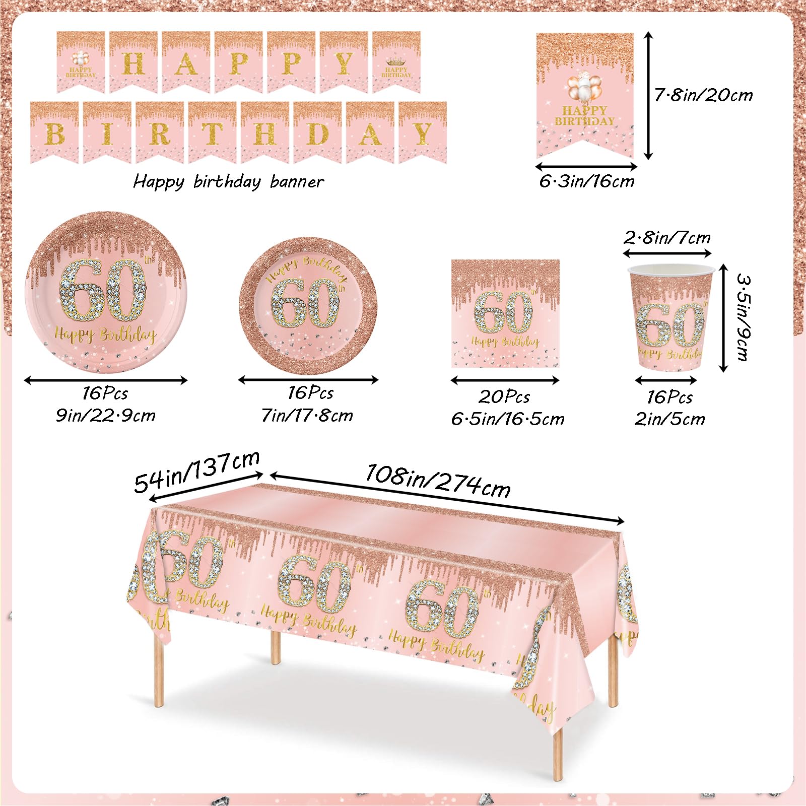 Set di Stoviglie per Compleanno 60 Anni 70 Pezzi, Piatti di Carta Oro Rosa, Bicchieri, Tovaglioli, Bandiere di Carta, Decorazione da Tavola per Compleanno 60 Anni per Uomo Donna