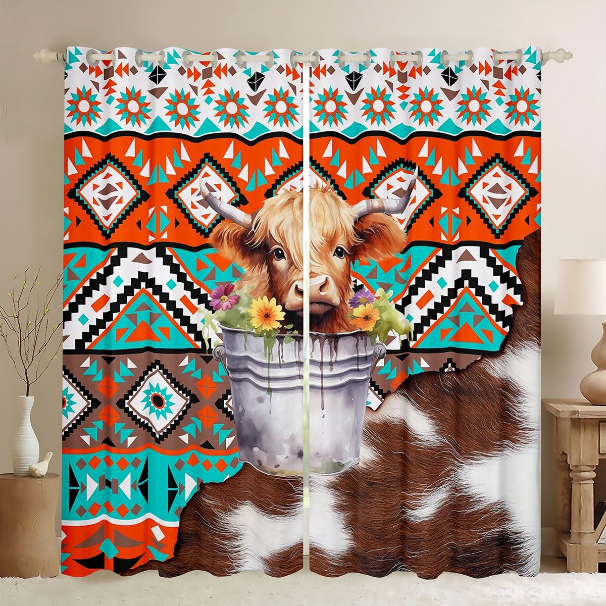 Manfei Highland Cattle Blackout Curtain Tribal Native American Window Treatments, Aztec Cow Fur Print Window Drapes for Kids Boys Adults Grommet Top 2 Panel Set Bedroom Curtains, 46Wx72L inch — image 1
