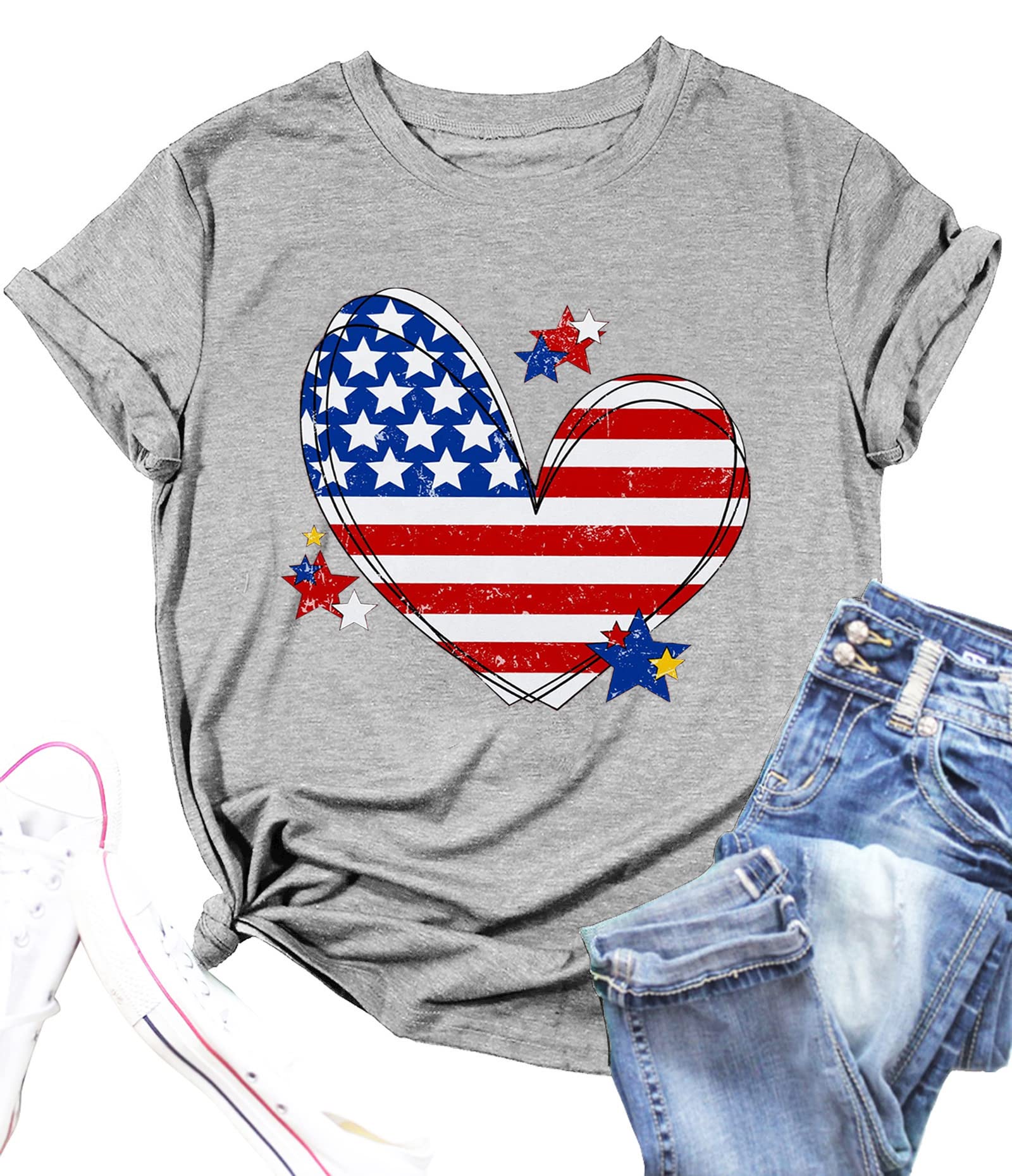 American Flag Heart T-Shirt For Women - 4th Of July Patriotic Graphic Tee, Red, Size Medium - View #6